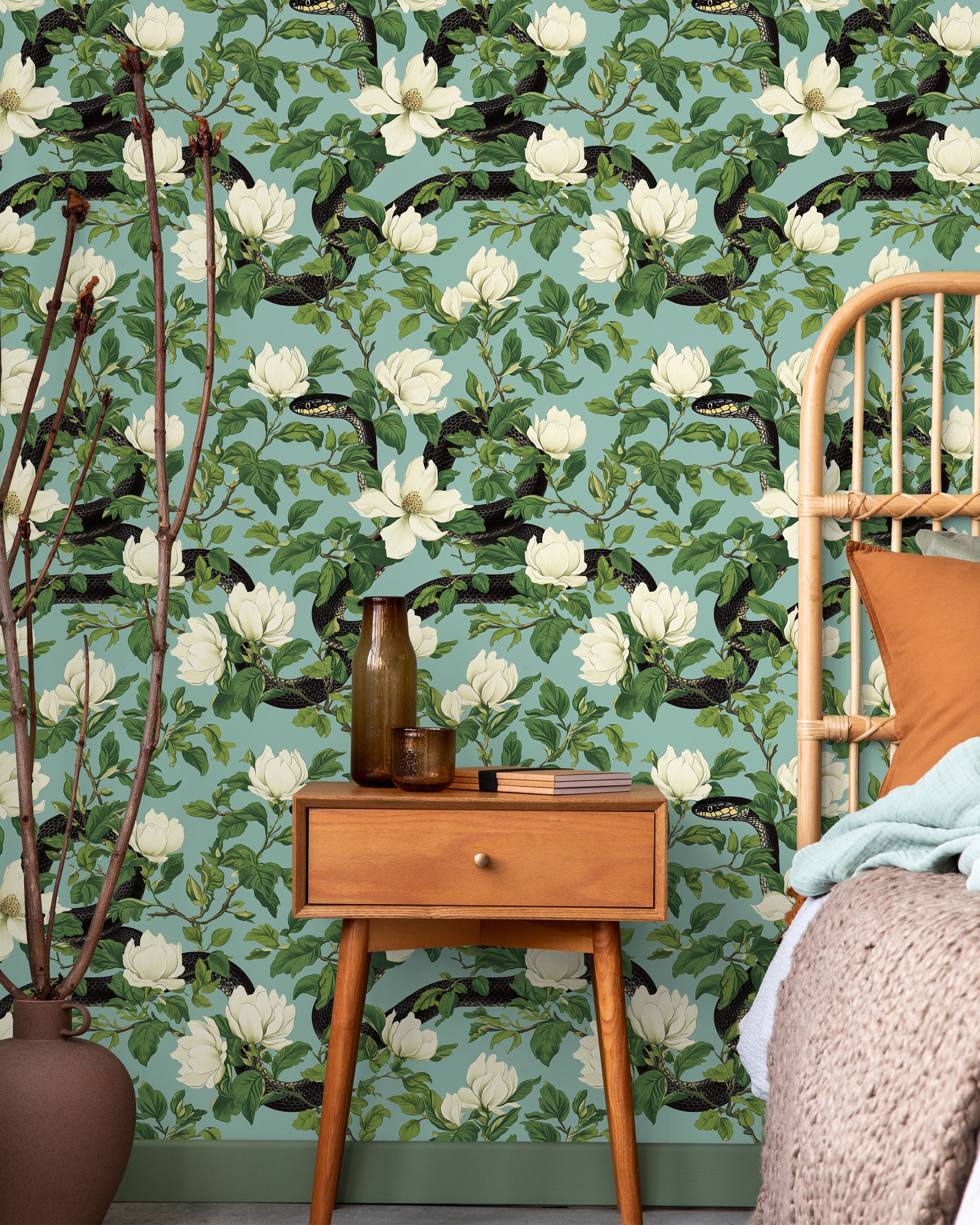 Snakes in Foliage Peel and Stick Wallpaper, Removable Wallpaper, Traditional Wallpaper - Light Teal | DeccoPrint