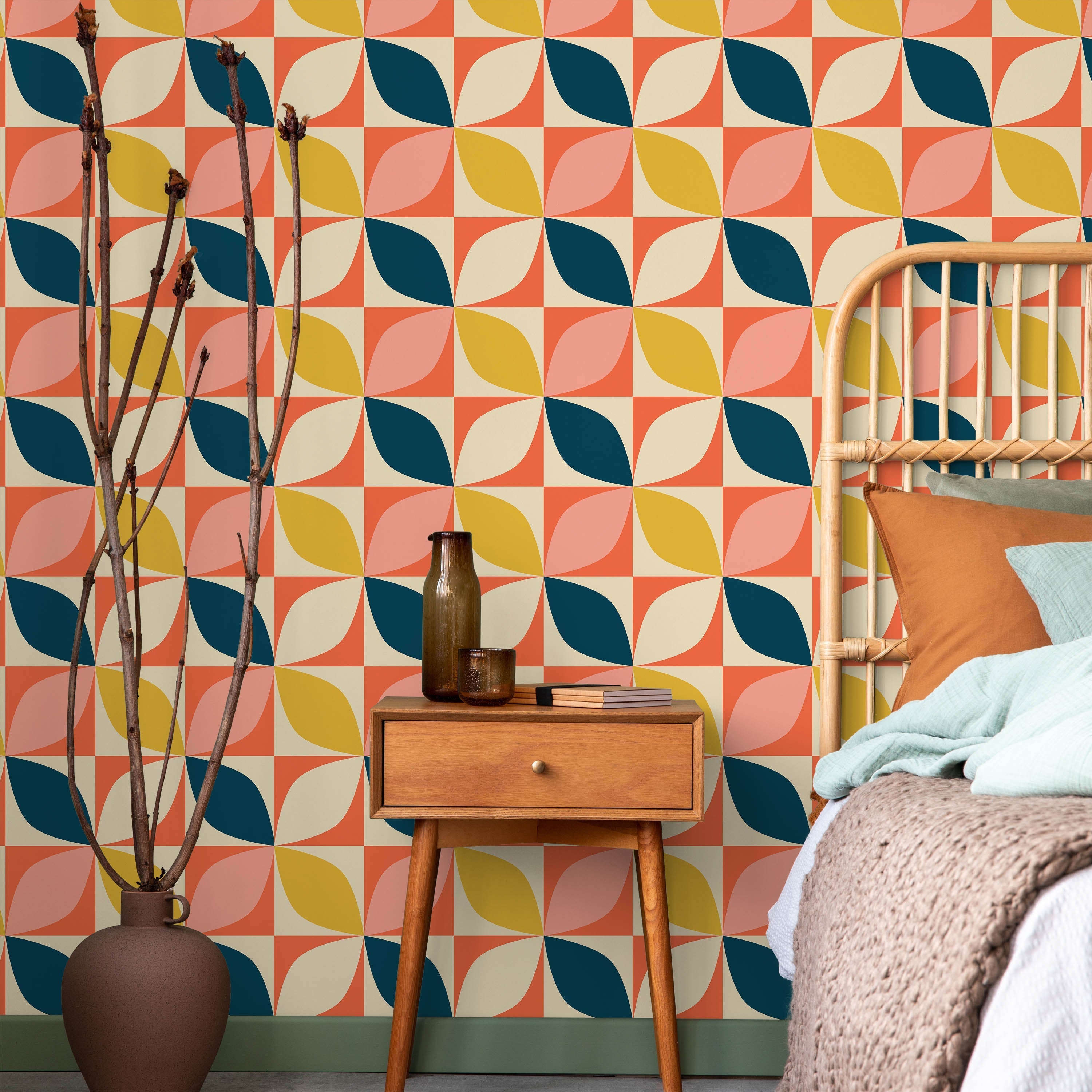 Geometric Bauhaus Peel and Stick Wallpaper, Removable Wallpaper, Traditional Wallpaper - Orange | DeccoPrint