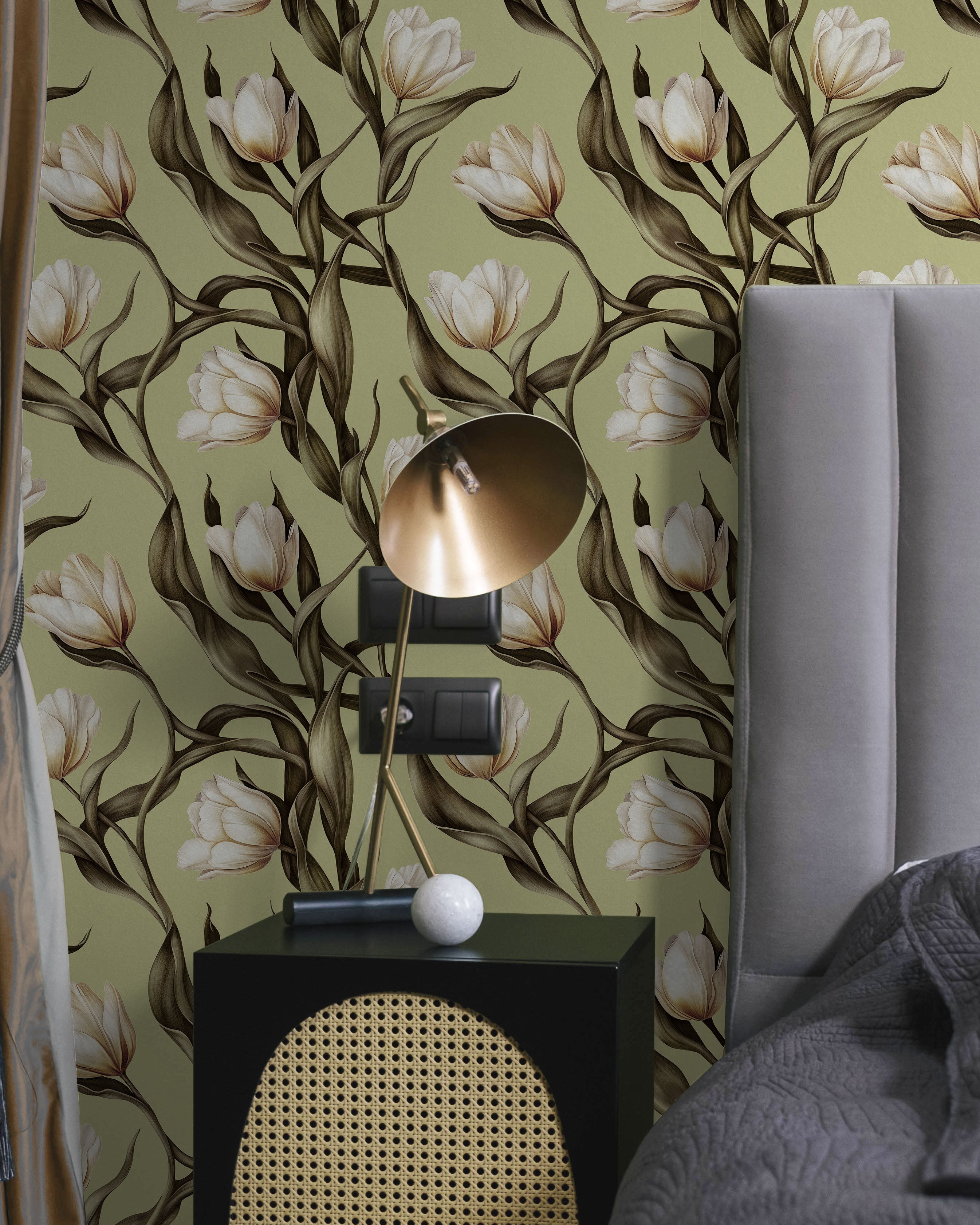 Spring Tulips Peel and Stick Wallpaper, Removable Wallpaper, Traditional Wallpaper - Sage Green | DeccoPrint