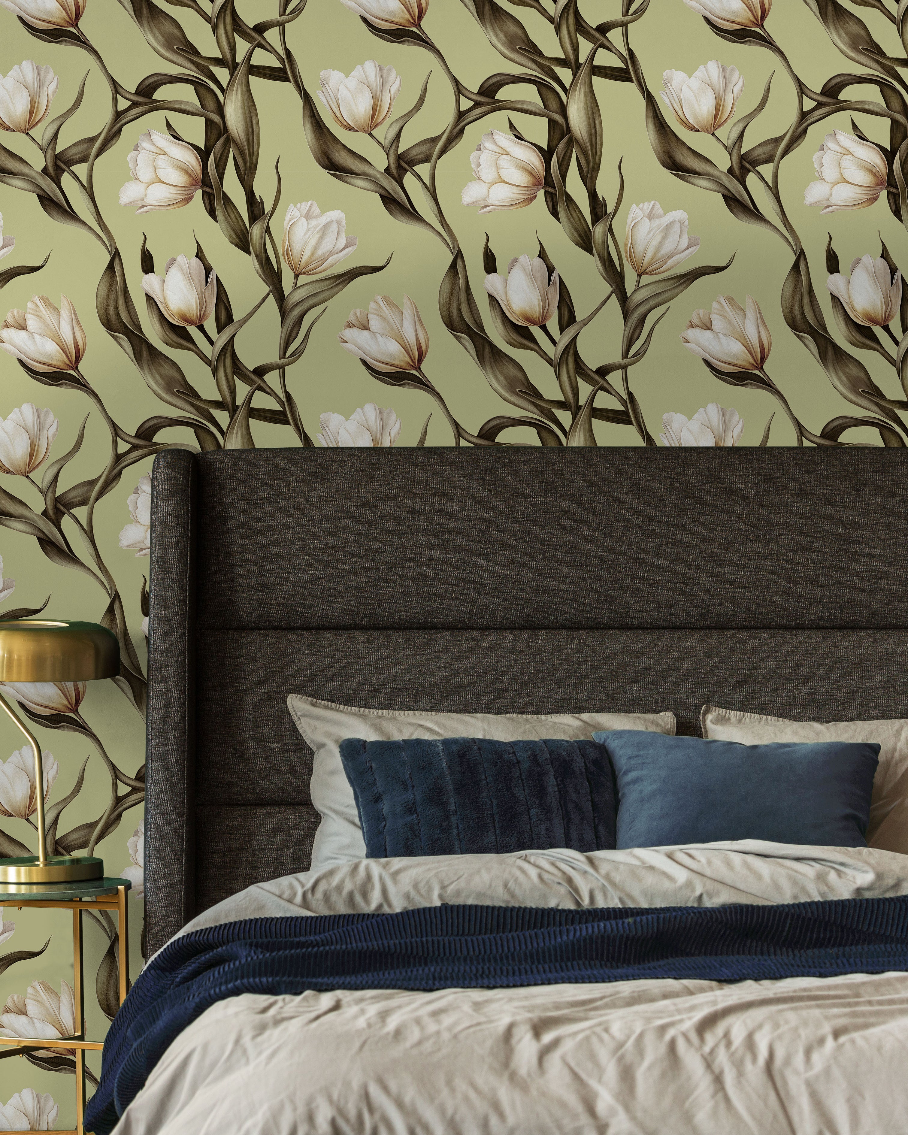 Spring Tulips Peel and Stick Wallpaper, Removable Wallpaper, Traditional Wallpaper - Sage Green | DeccoPrint