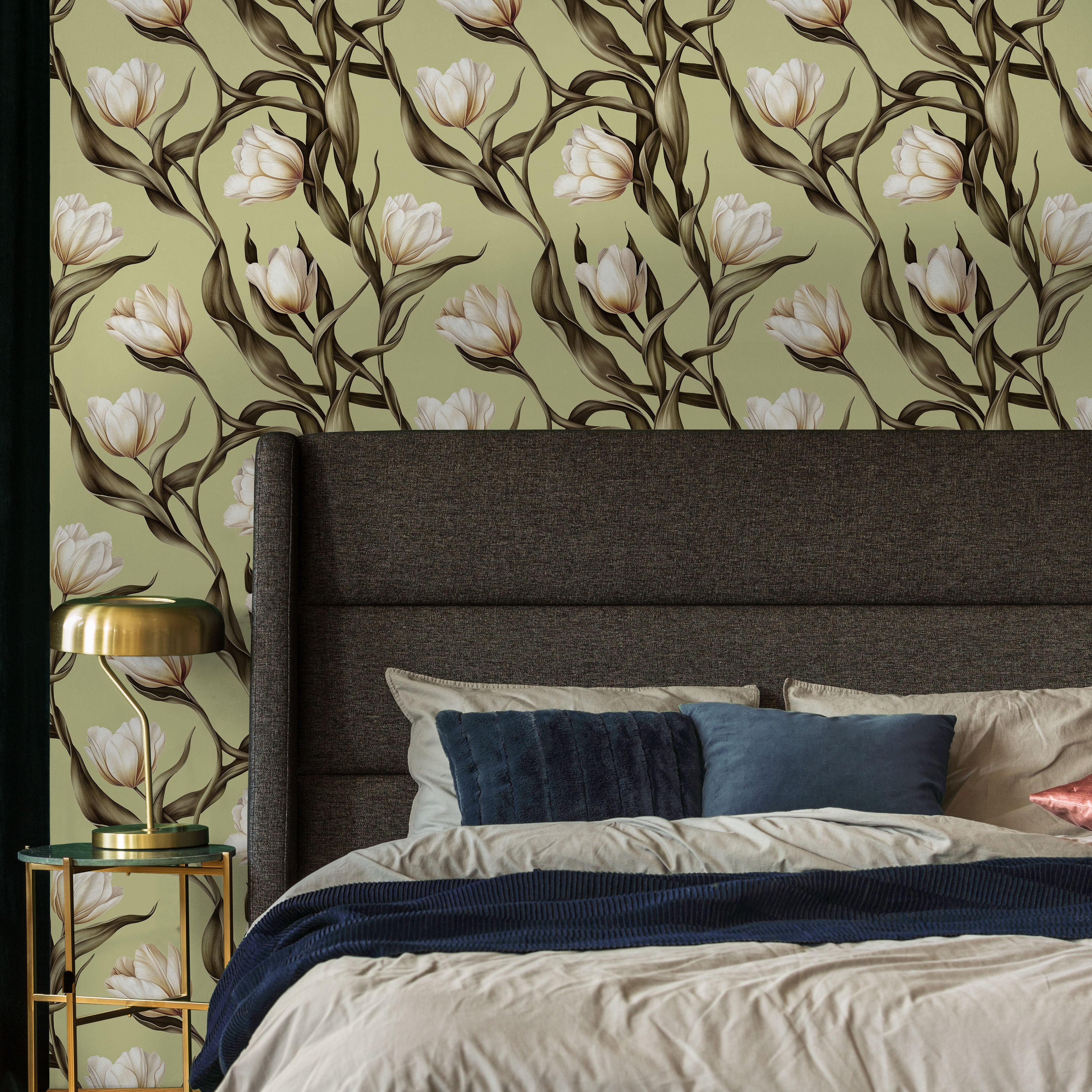 Spring Tulips Peel and Stick Wallpaper, Removable Wallpaper, Traditional Wallpaper - Sage Green | DeccoPrint