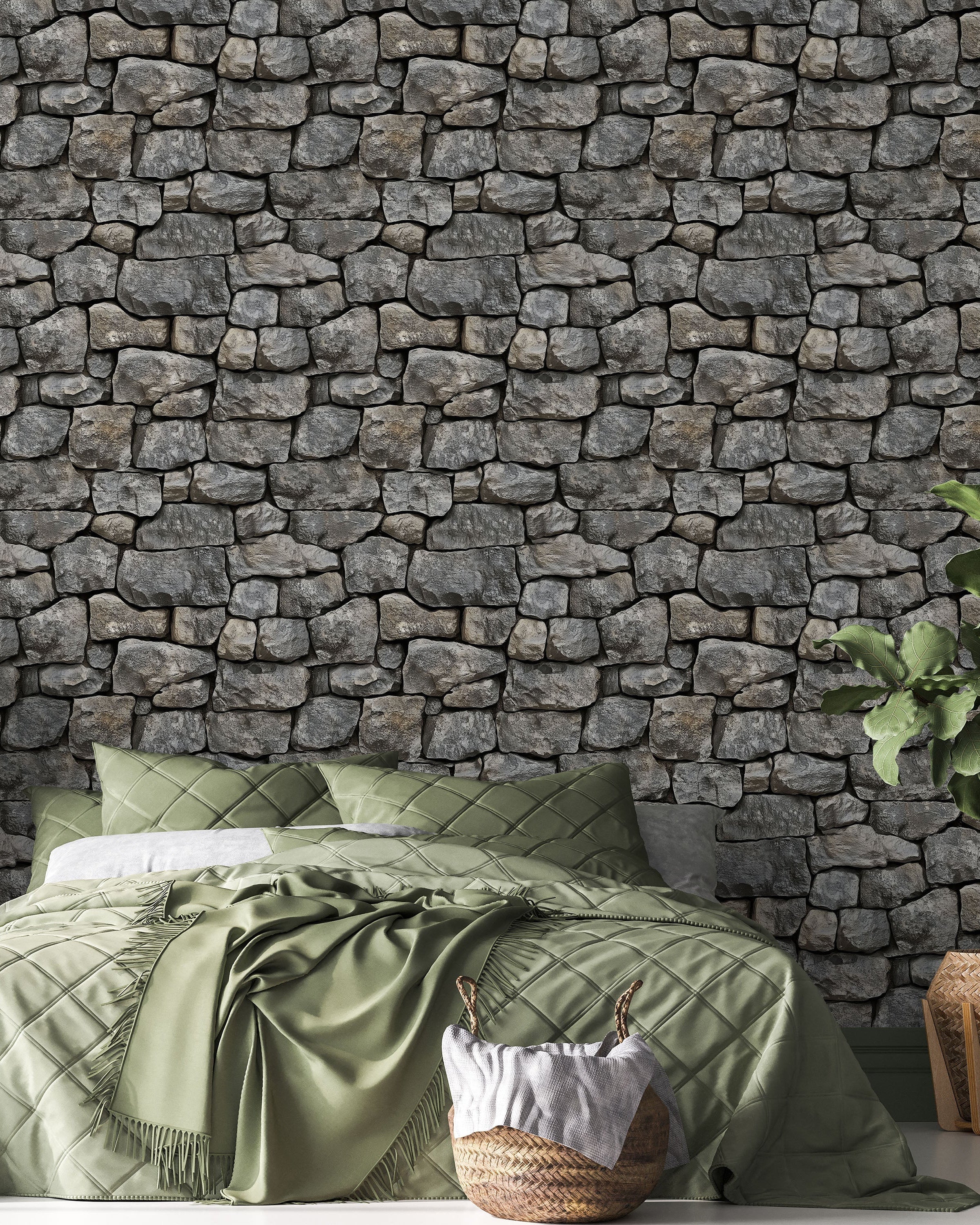 Urban Masonry Peel and Stick Wallpaper, Removable Wallpaper, Traditional Wallpaper - Charcoal Stones | DeccoPrint