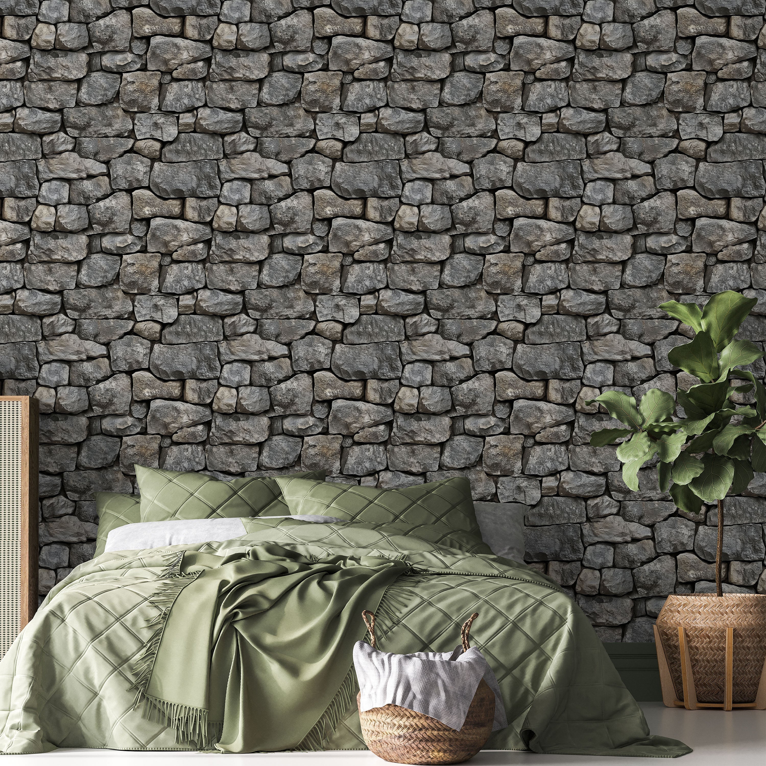 Urban Masonry Peel and Stick Wallpaper, Removable Wallpaper, Traditional Wallpaper - Charcoal Stones | DeccoPrint