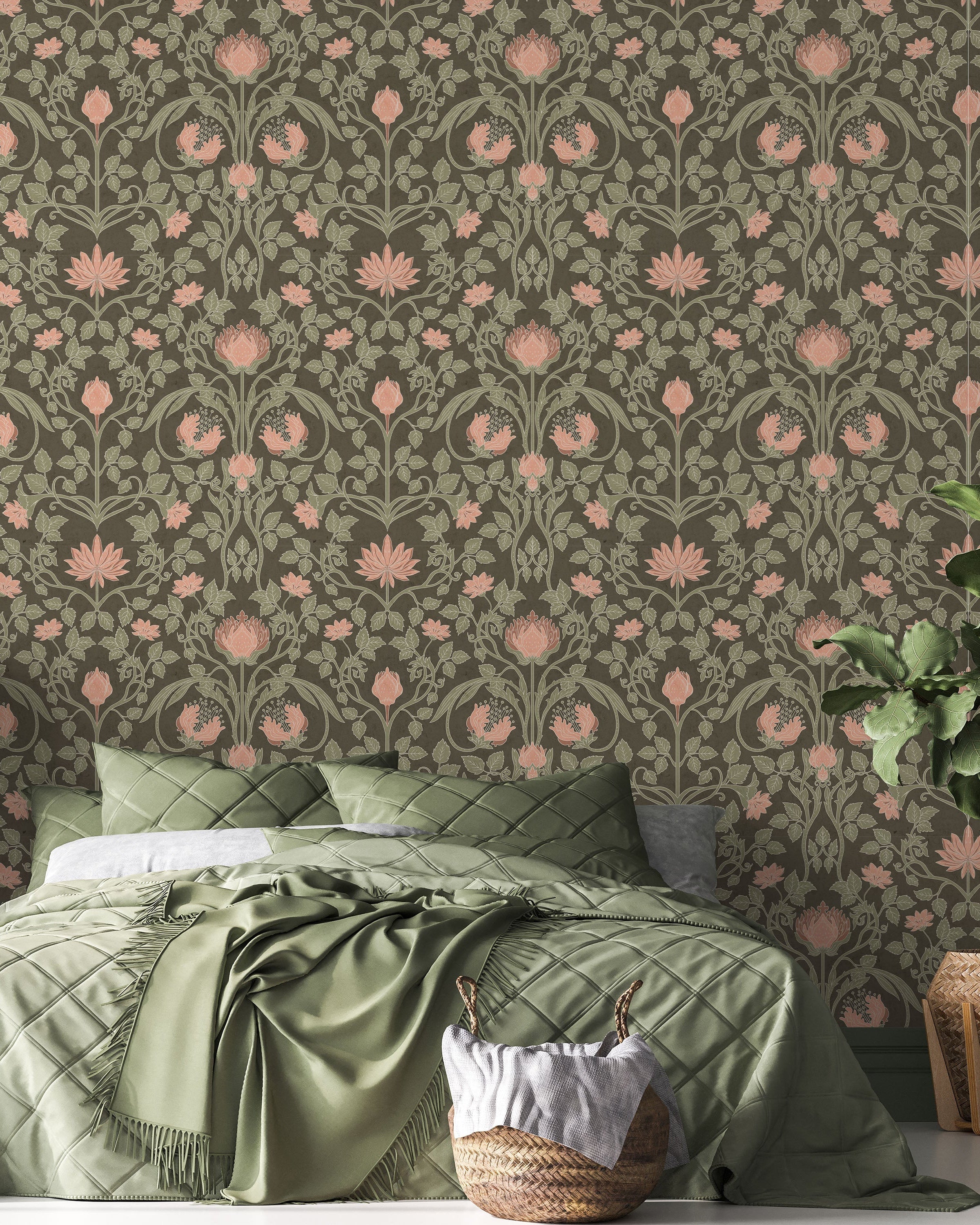 Art Nouveau Peel and Stick Wallpaper, Removable Wallpaper, Traditional Wallpaper - Dark Sage | DeccoPrint