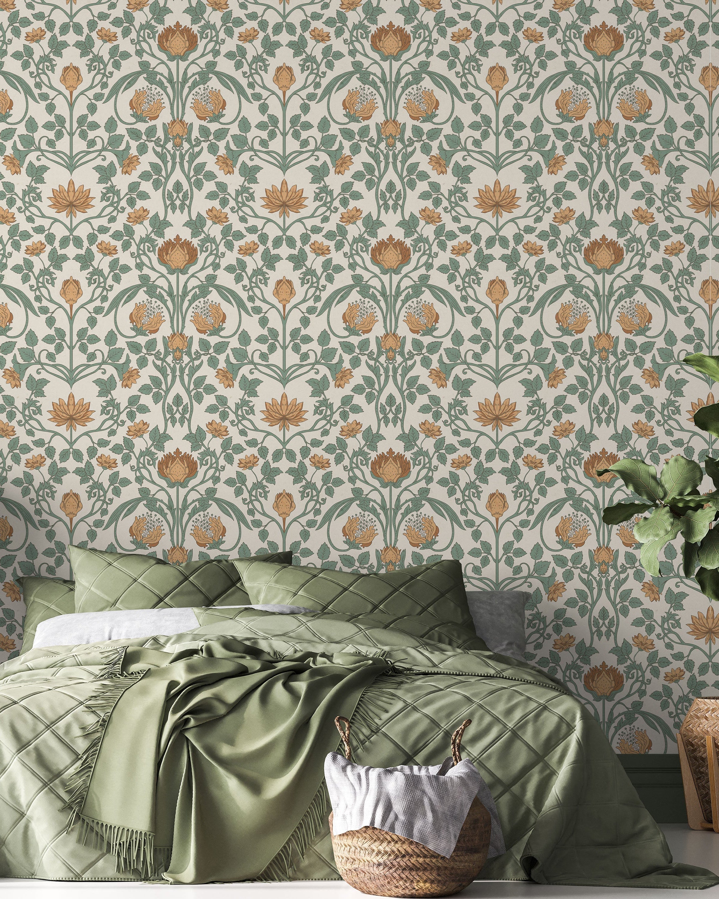 Art Nouveau Peel and Stick Wallpaper, Removable Wallpaper, Traditional Wallpaper - Amber Beige | DeccoPrint