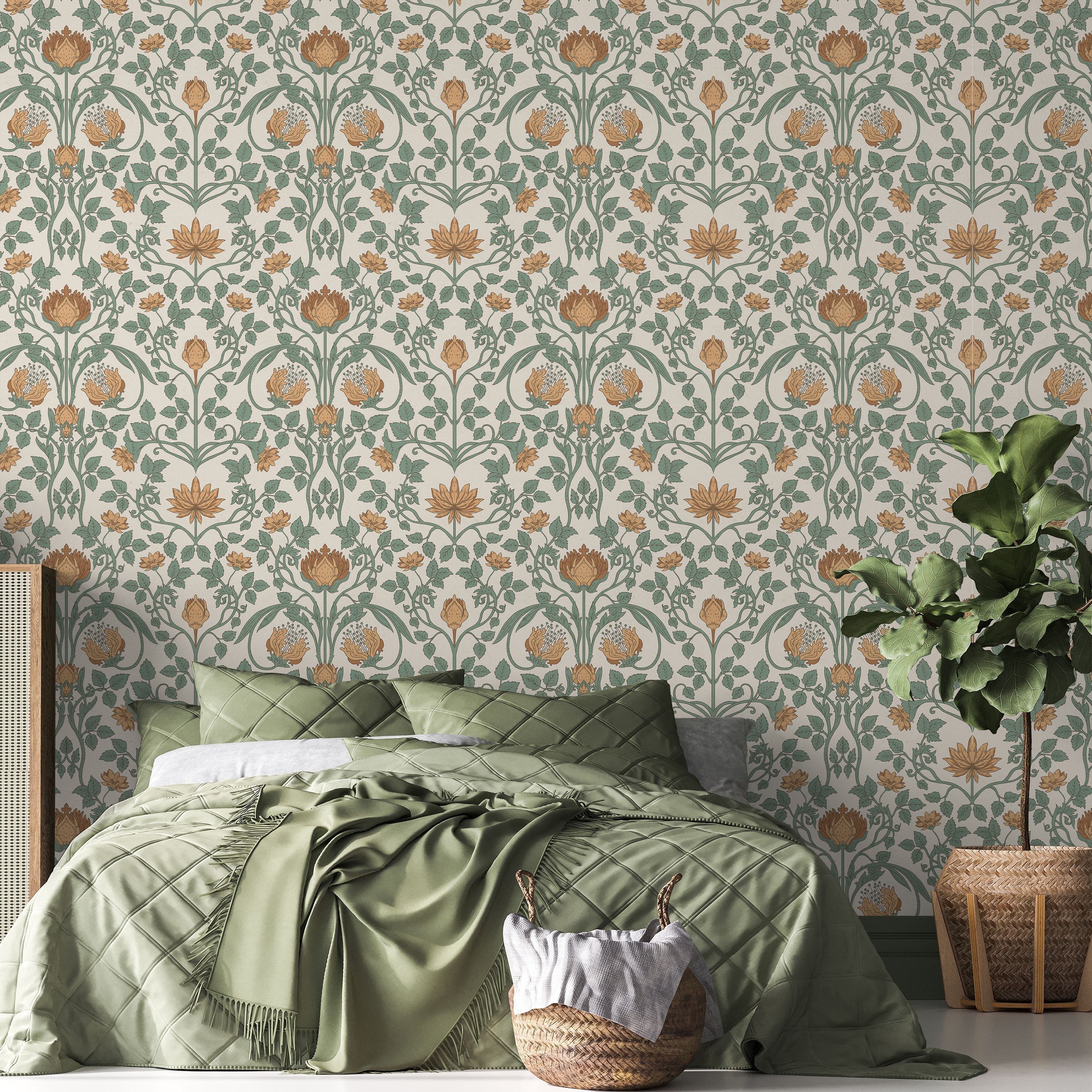 Art Nouveau Peel and Stick Wallpaper, Removable Wallpaper, Traditional Wallpaper - Amber Beige | DeccoPrint