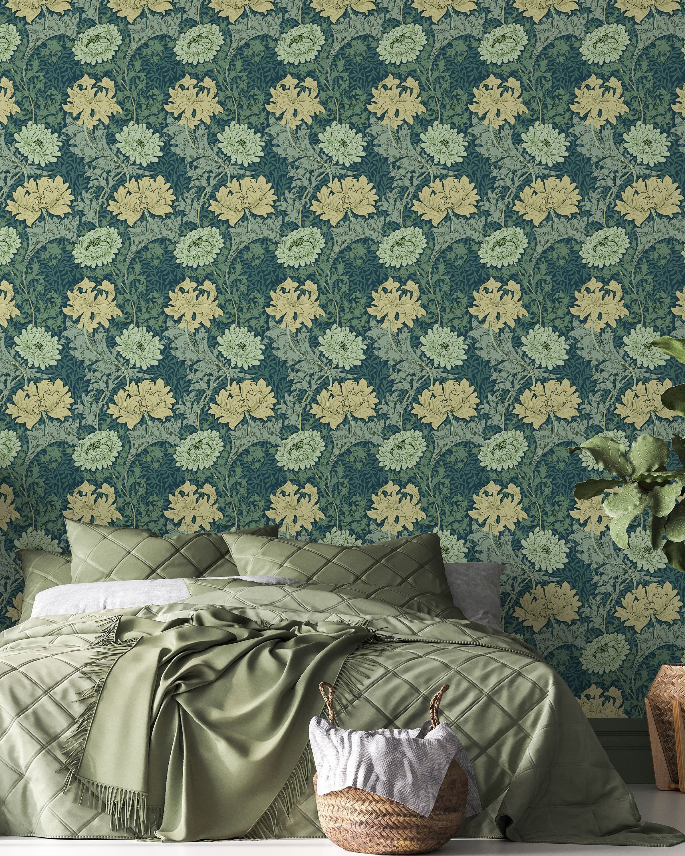 William Morris X Chrysanthemum Peel and Stick Wallpaper, Removable Wallpaper, Traditional Wallpaper - Green | DeccoPrint