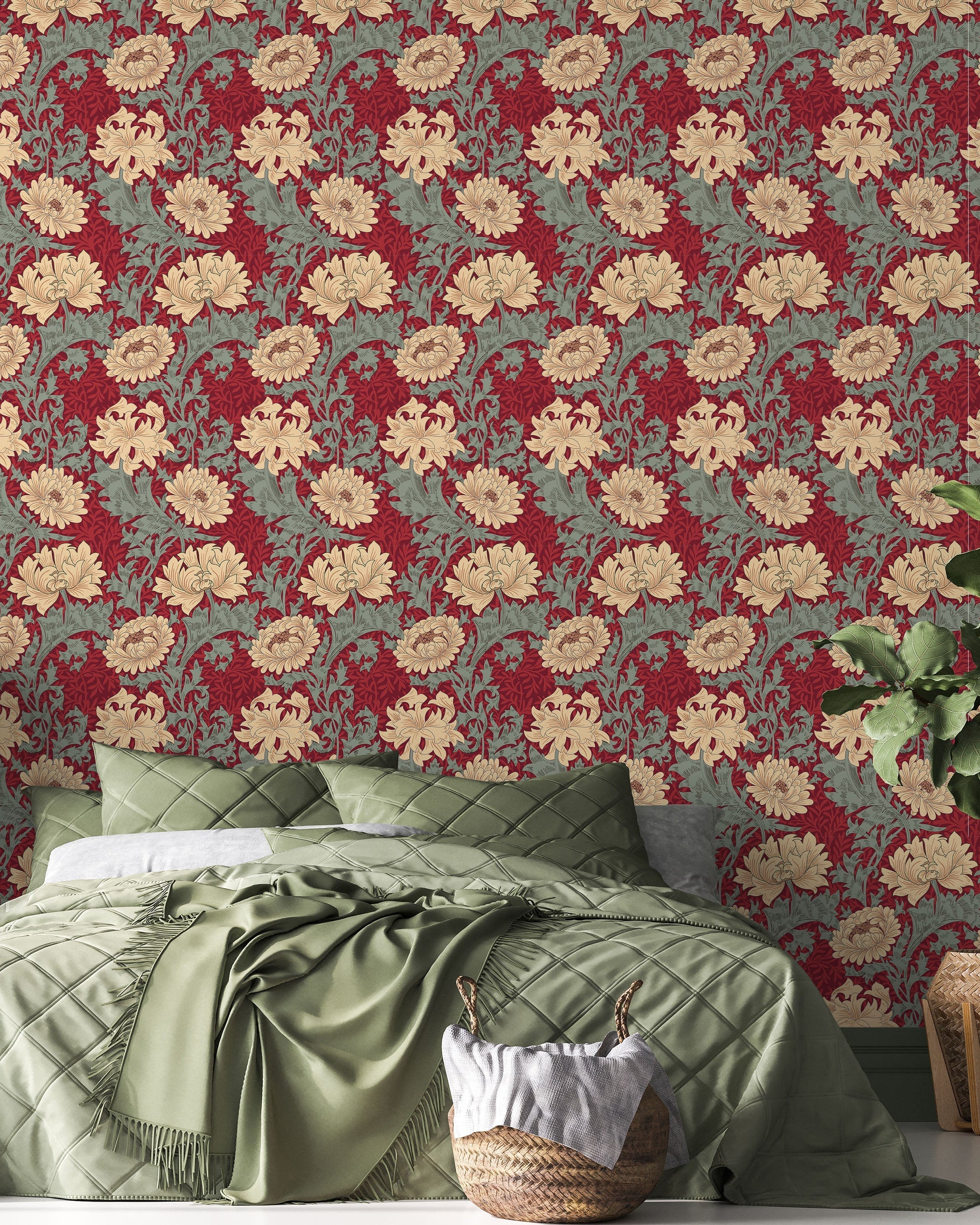 William Morris X Chrysanthemum Peel and Stick Wallpaper, Removable Wallpaper, Traditional Wallpaper - Red | DeccoPrint