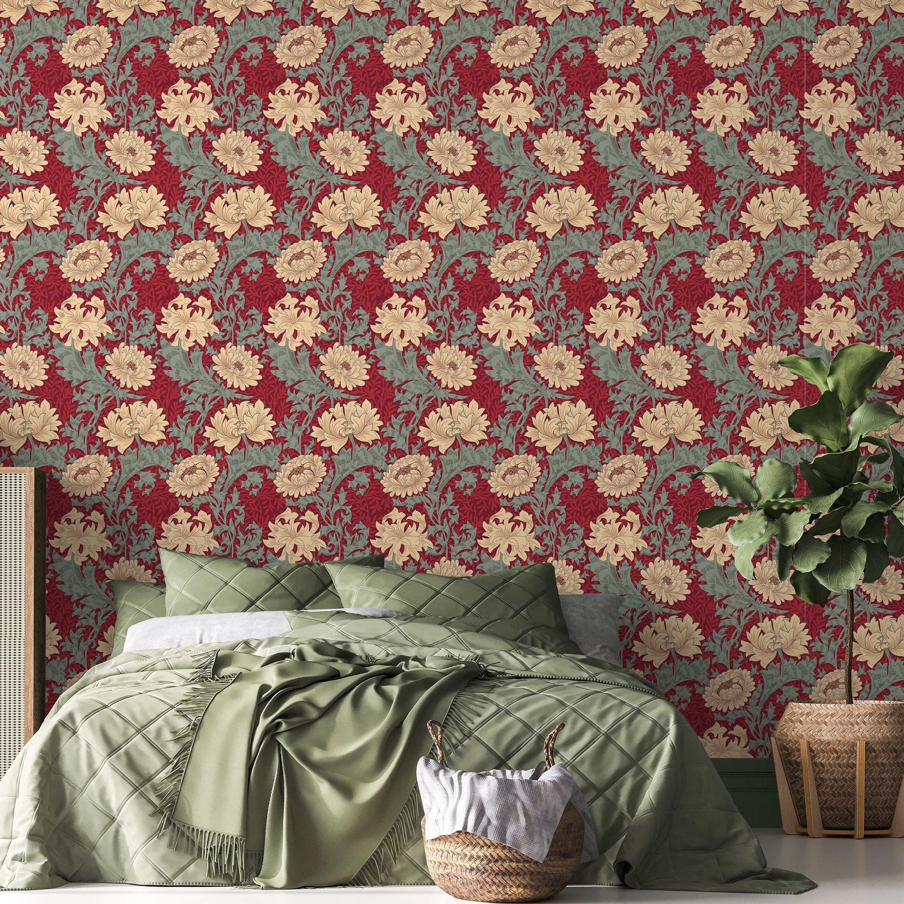 William Morris X Chrysanthemum Peel and Stick Wallpaper, Removable Wallpaper, Traditional Wallpaper - Red | DeccoPrint