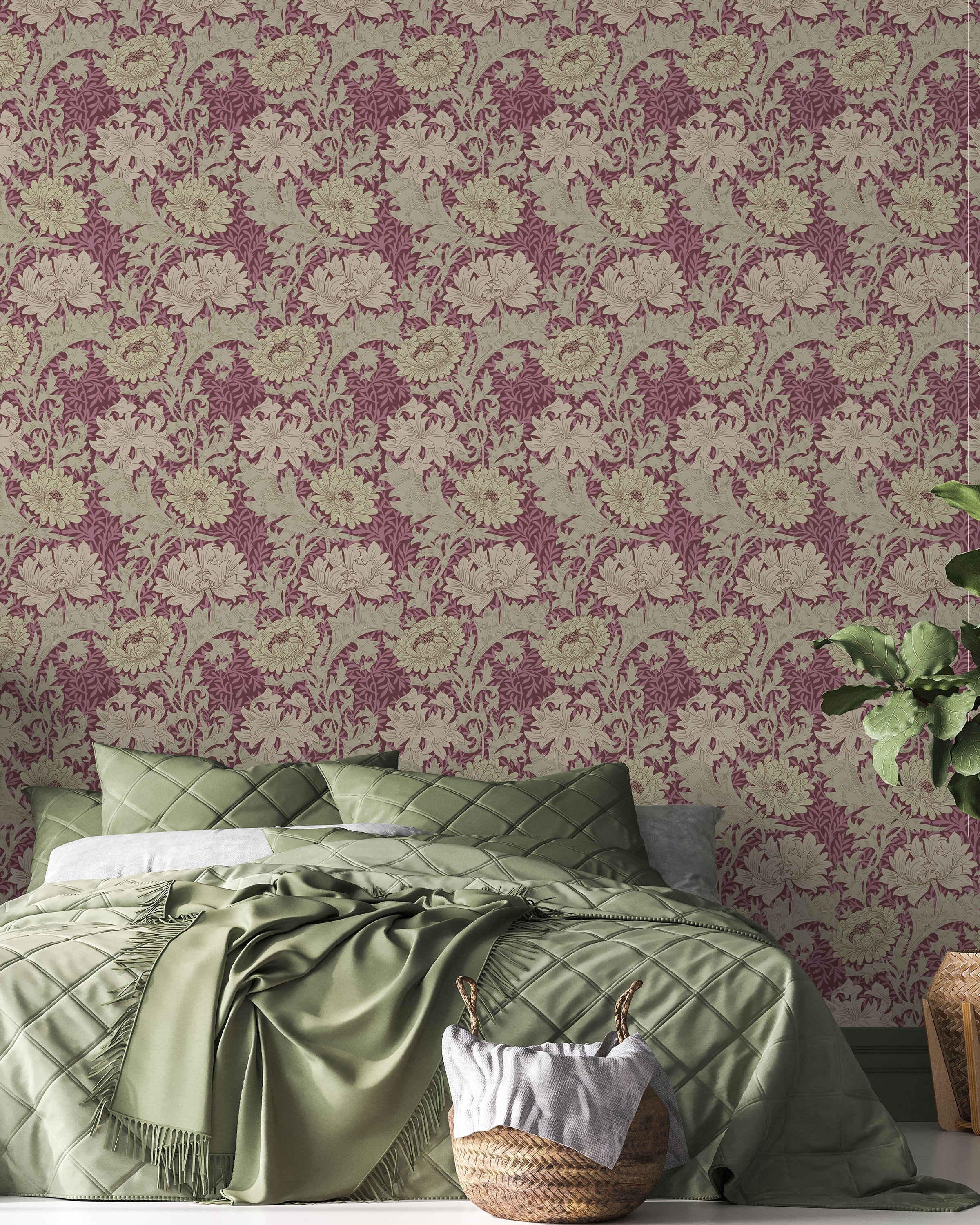 William Morris X Chrysanthemum Peel and Stick Wallpaper, Removable Wallpaper, Traditional Wallpaper - Wine | DeccoPrint