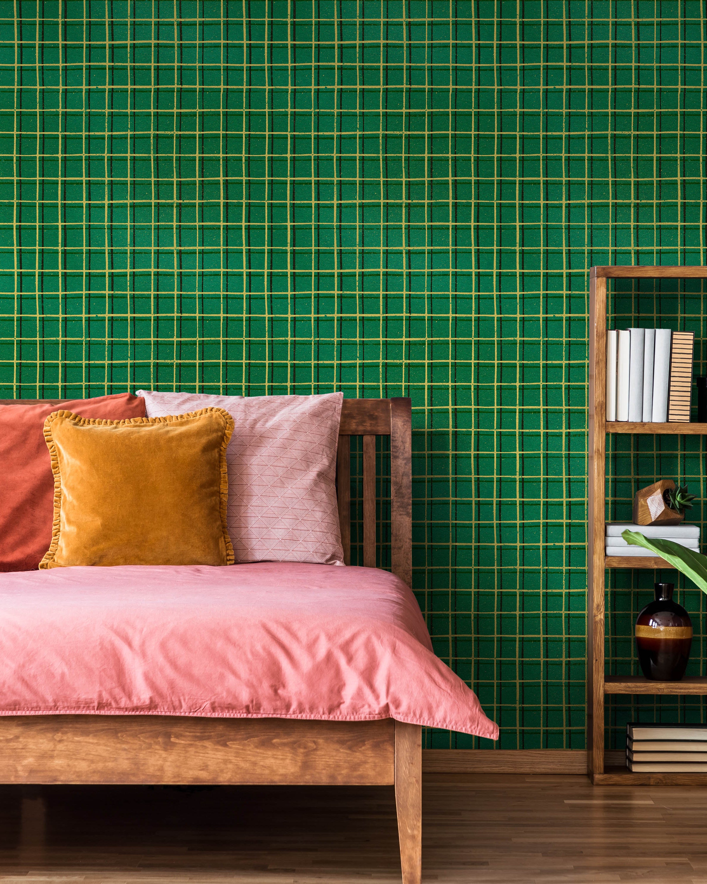 Furuya Korin x Korin Zen Grid Peel and Stick Wallpaper, Removable Wallpaper, Traditional Wallpaper - Vintage Green | DeccoPrint