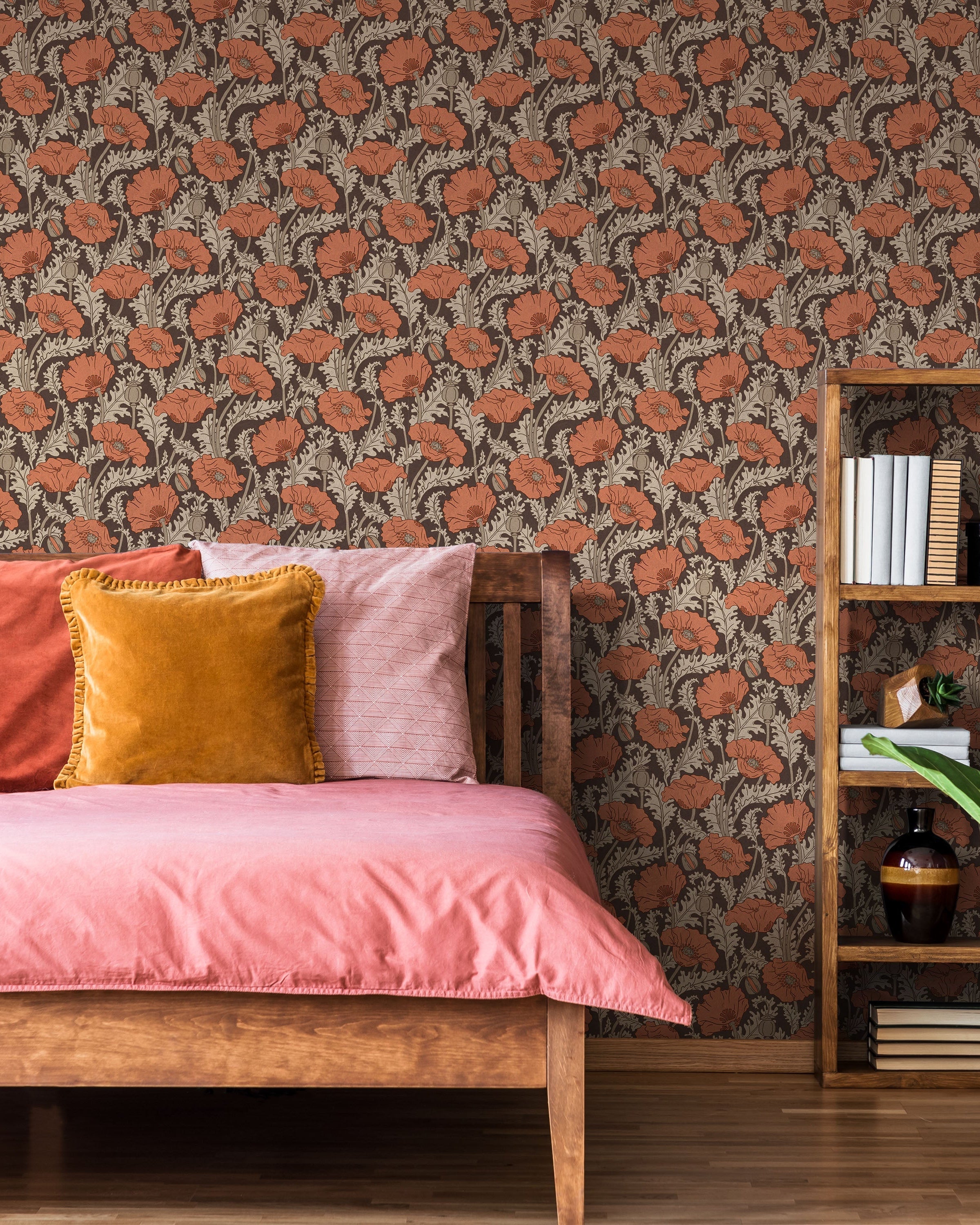 Maurice Pillard Verneuil x Poppy Peel and Stick Wallpaper, Removable Wallpaper, Traditional Wallpaper - Terracotta Orange | DeccoPrint