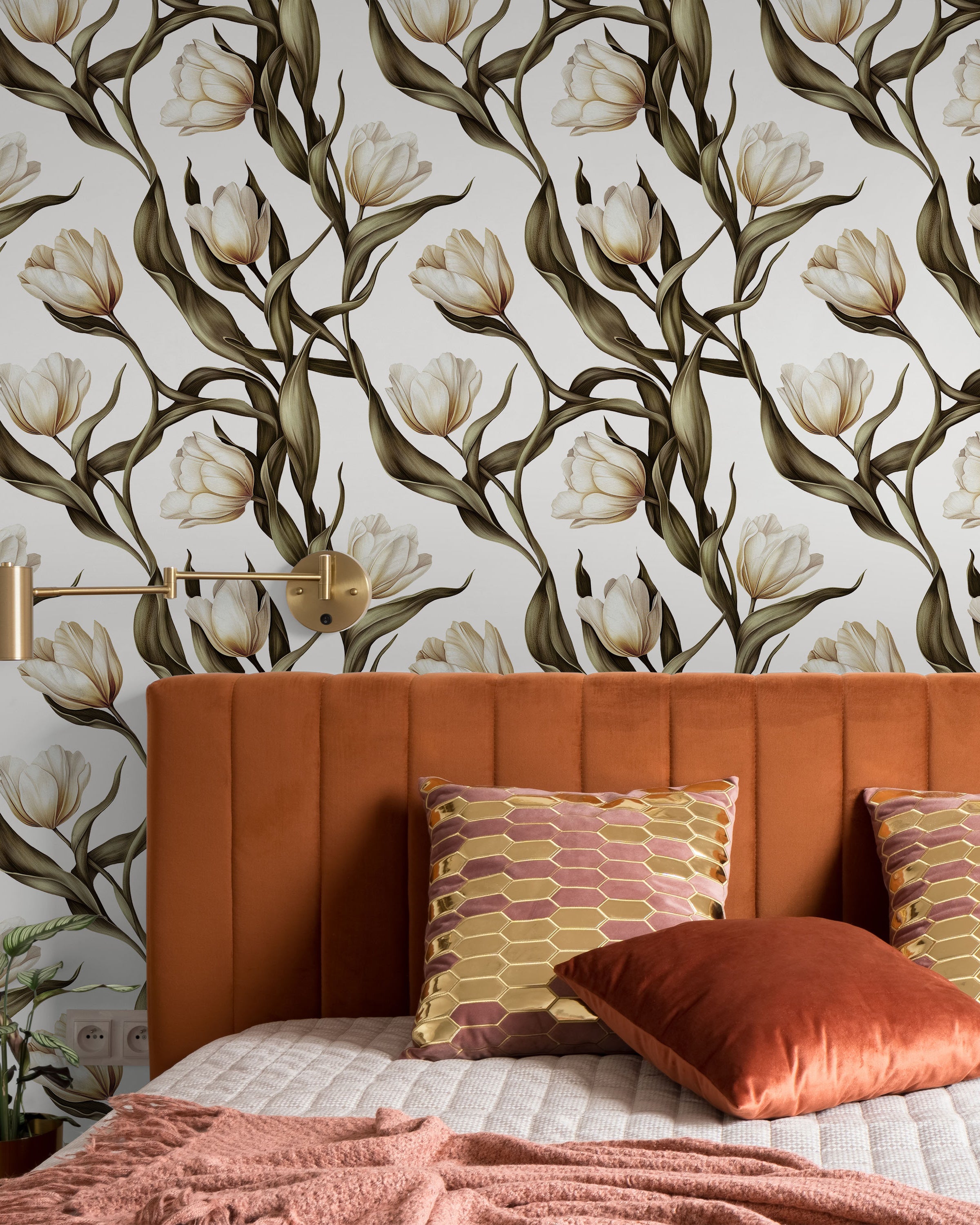 Spring Tulips Peel and Stick Wallpaper, Removable Wallpaper, Traditional Wallpaper - Ivory White | DeccoPrint