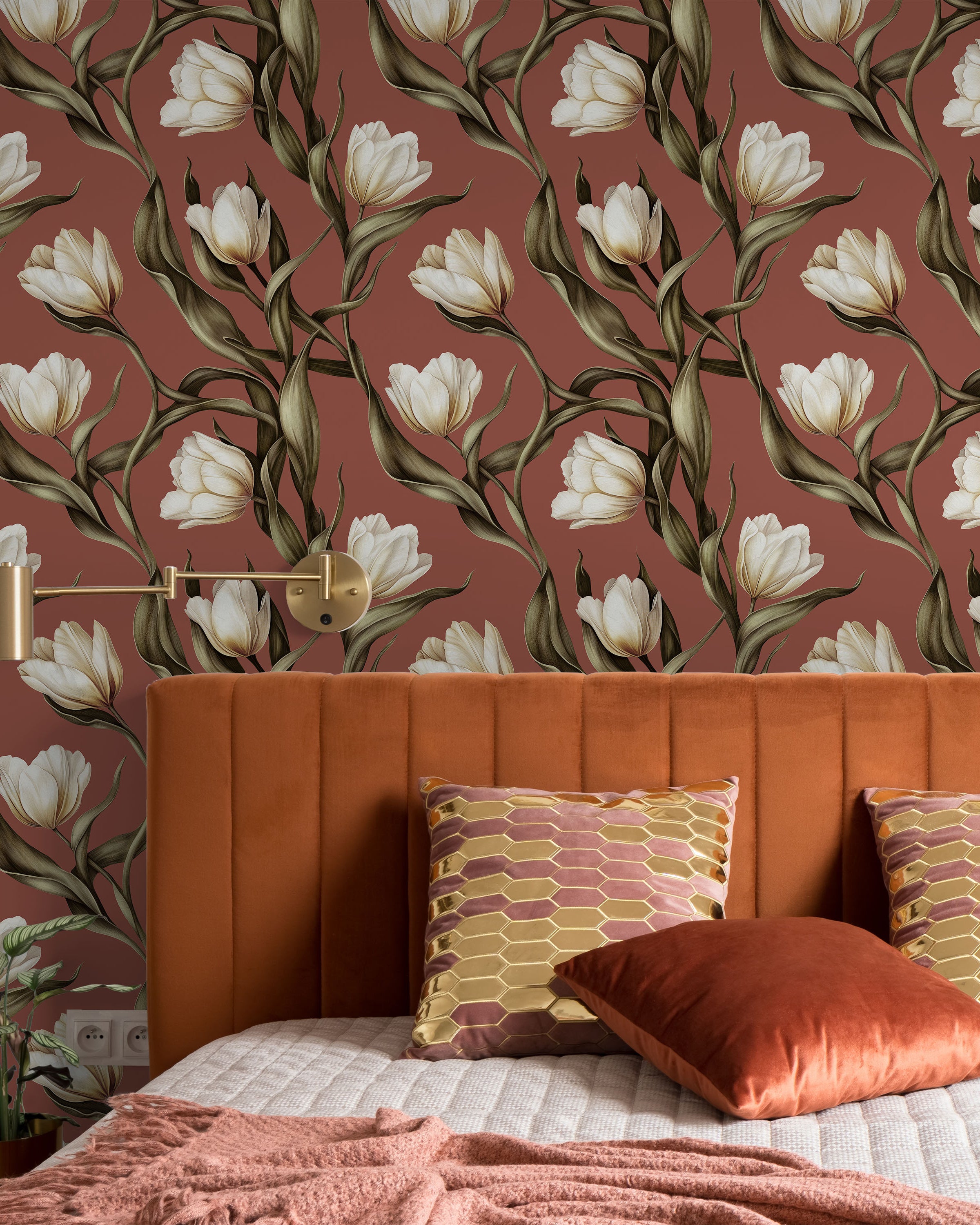 Spring Tulips Peel and Stick Wallpaper, Removable Wallpaper, Traditional Wallpaper - Rustic Browm | DeccoPrint