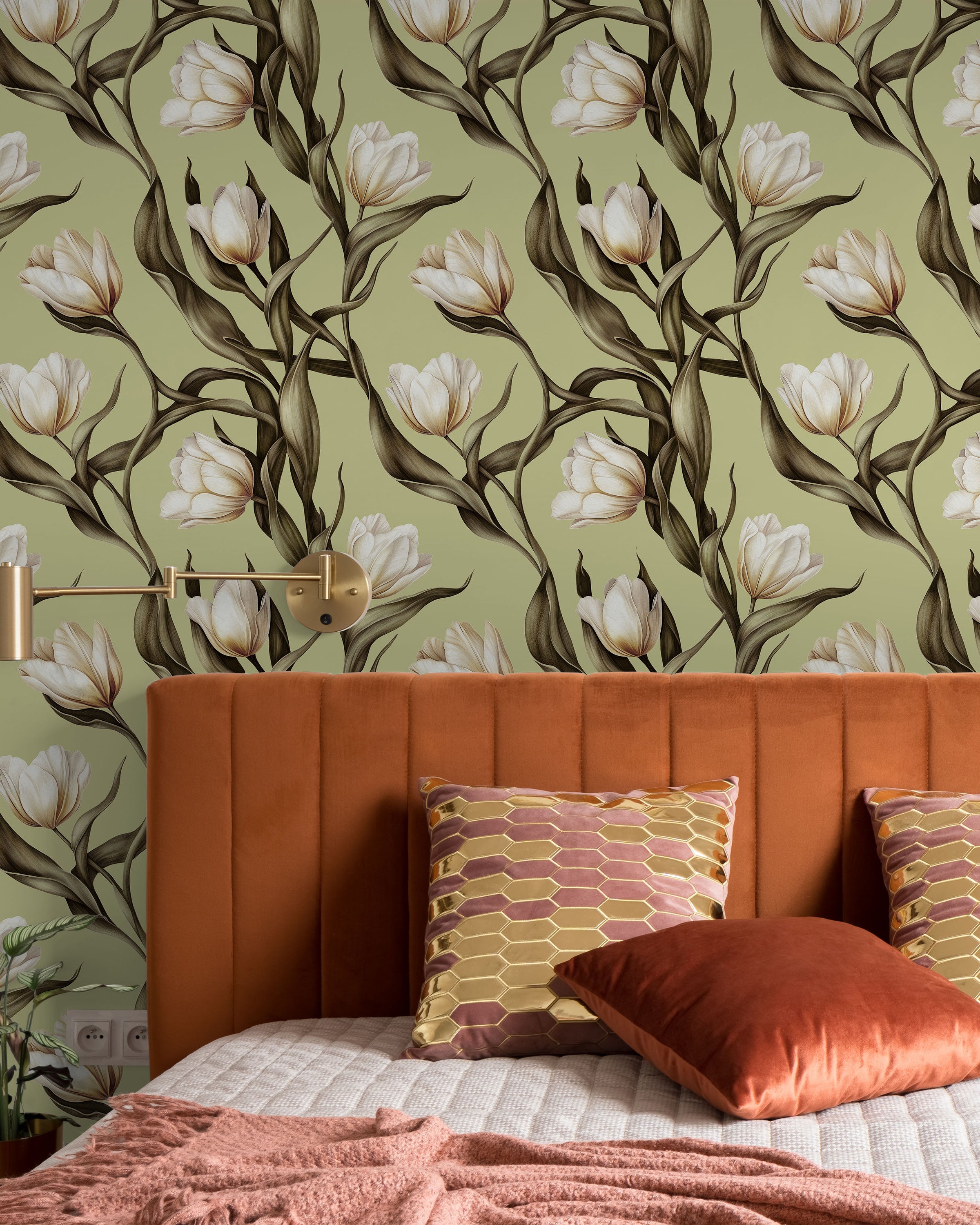 Spring Tulips Peel and Stick Wallpaper, Removable Wallpaper, Traditional Wallpaper - Sage Green | DeccoPrint
