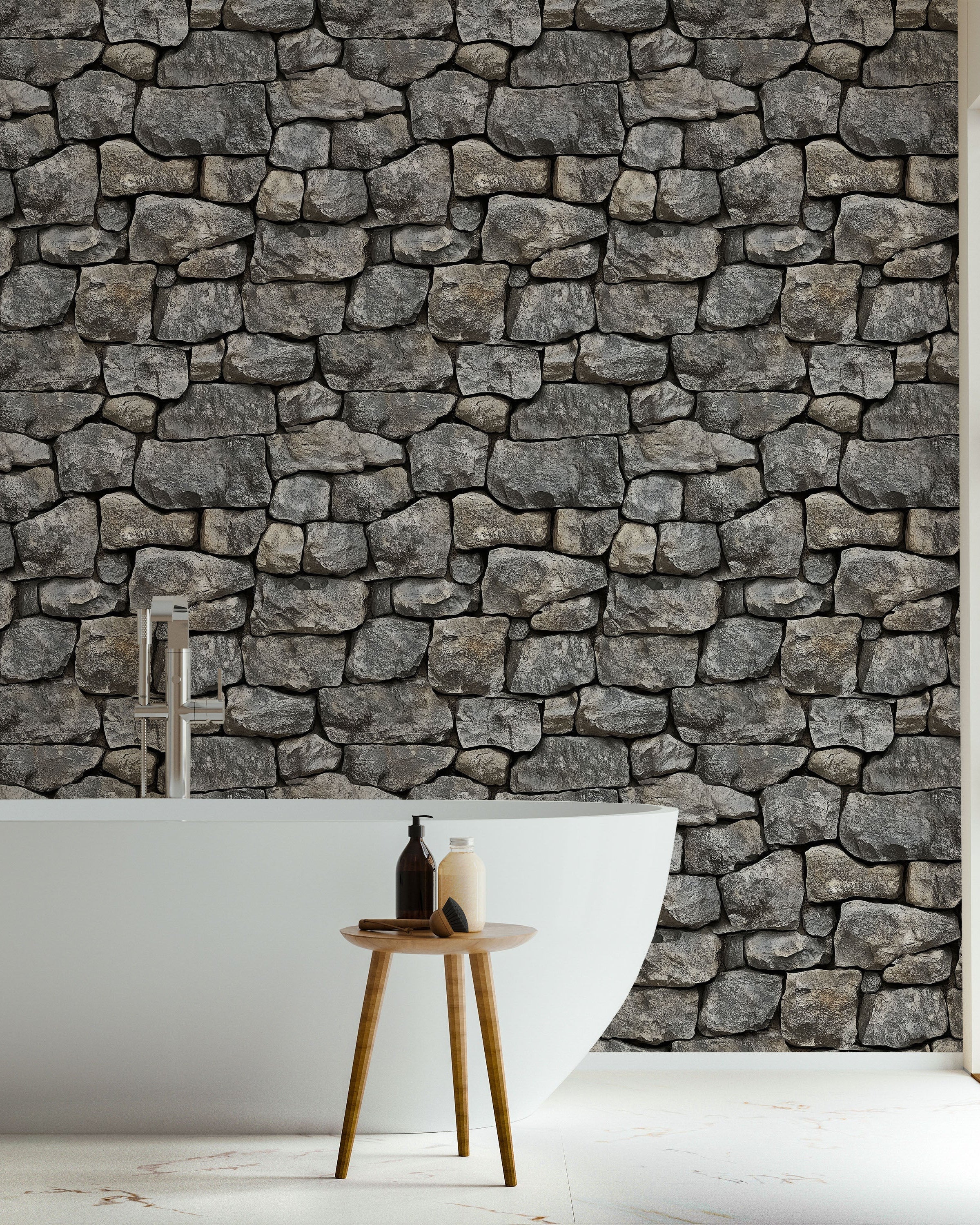 Urban Masonry Peel and Stick Wallpaper, Removable Wallpaper, Traditional Wallpaper - Charcoal Stones | DeccoPrint