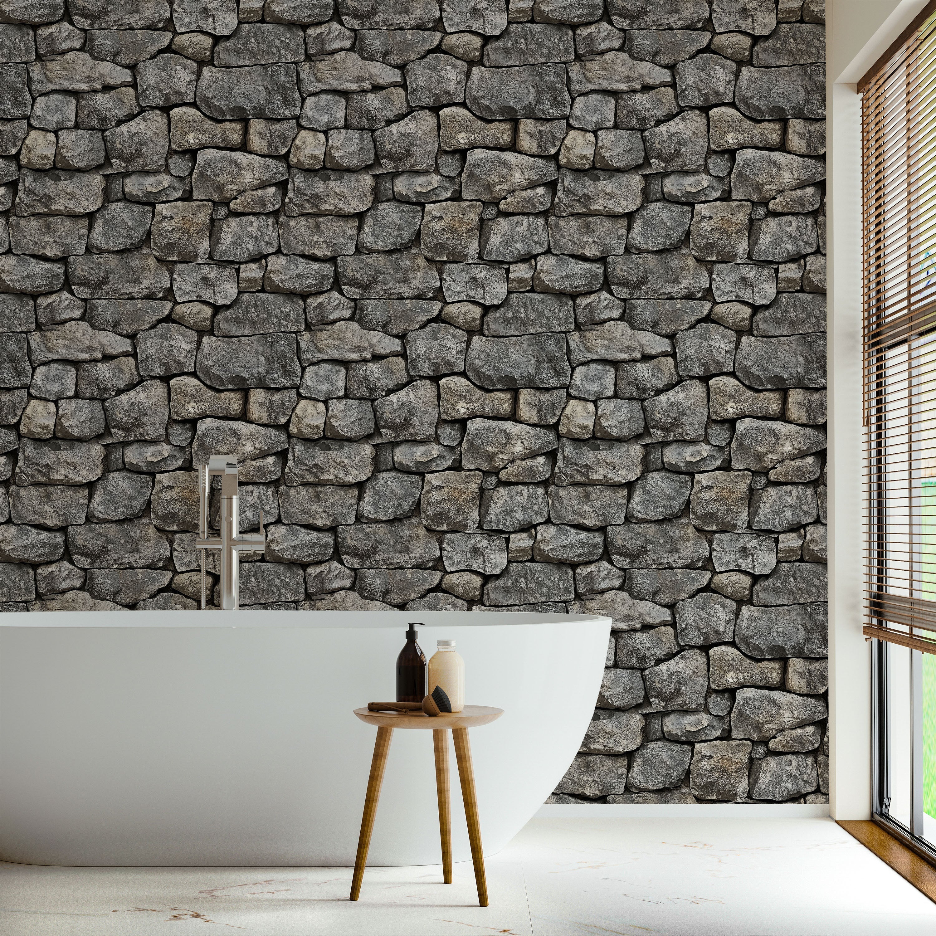 Urban Masonry Peel and Stick Wallpaper, Removable Wallpaper, Traditional Wallpaper - Charcoal Stones | DeccoPrint