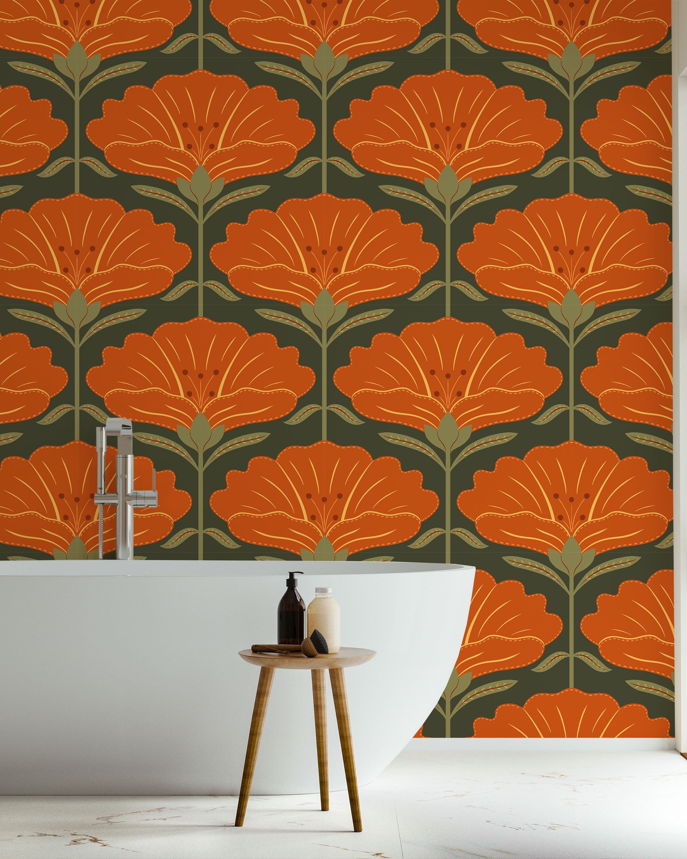 Dreamy Daisies Peel and Stick Wallpaper, Removable Wallpaper, Traditional Wallpaper - Orange | DeccoPrint
