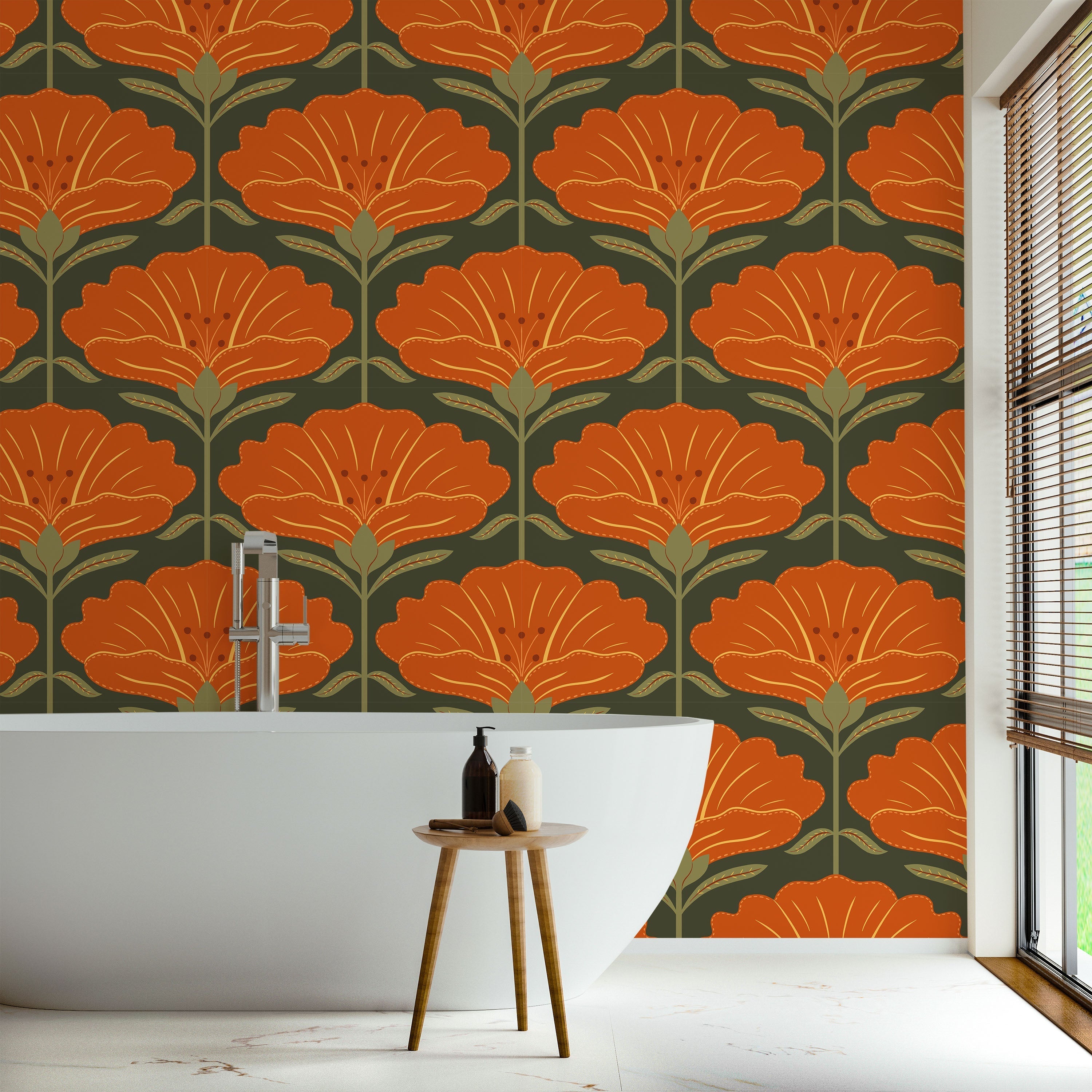 Dreamy Daisies Peel and Stick Wallpaper, Removable Wallpaper, Traditional Wallpaper - Orange | DeccoPrint