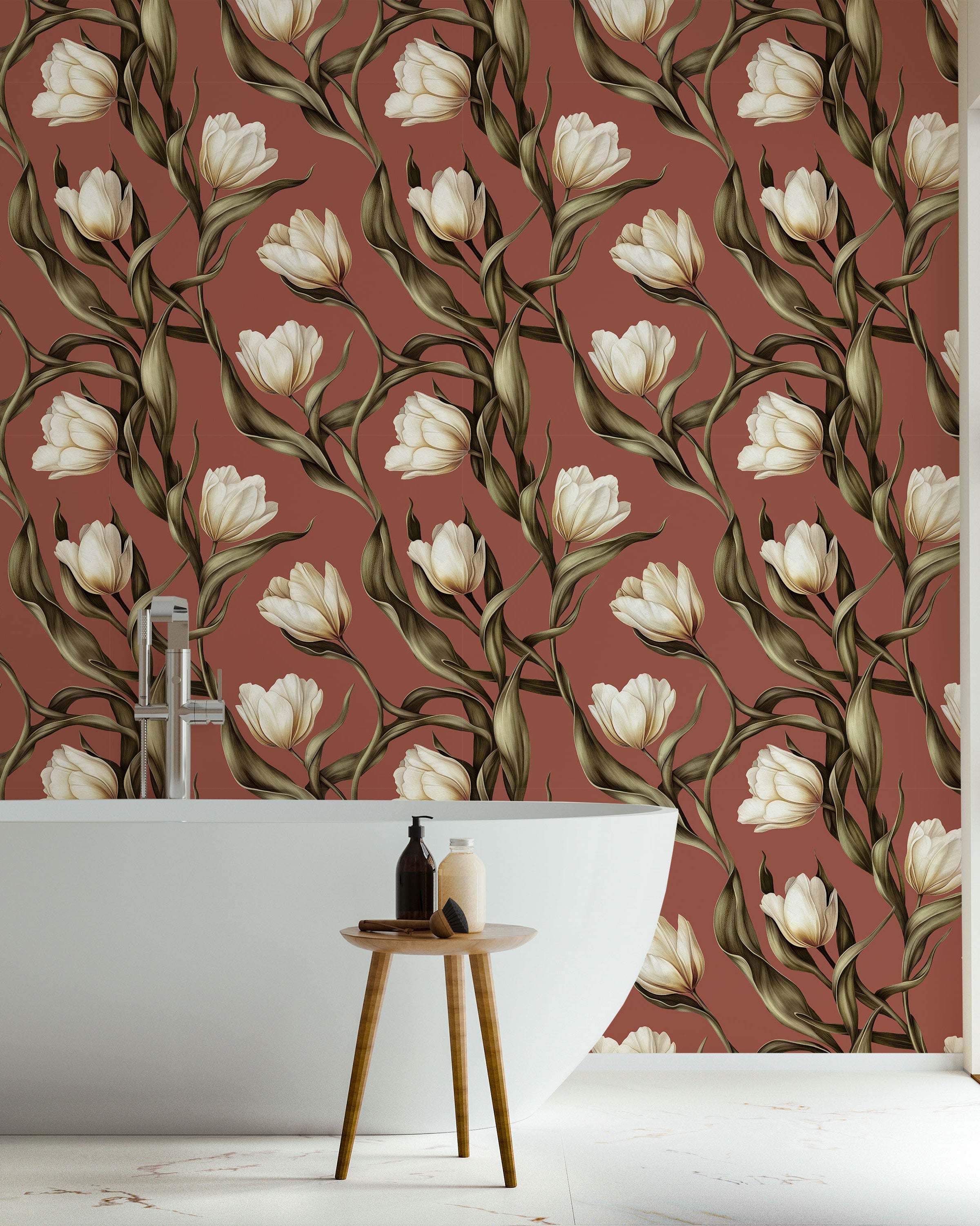 Spring Tulips Peel and Stick Wallpaper, Removable Wallpaper, Traditional Wallpaper - Rustic Browm | DeccoPrint