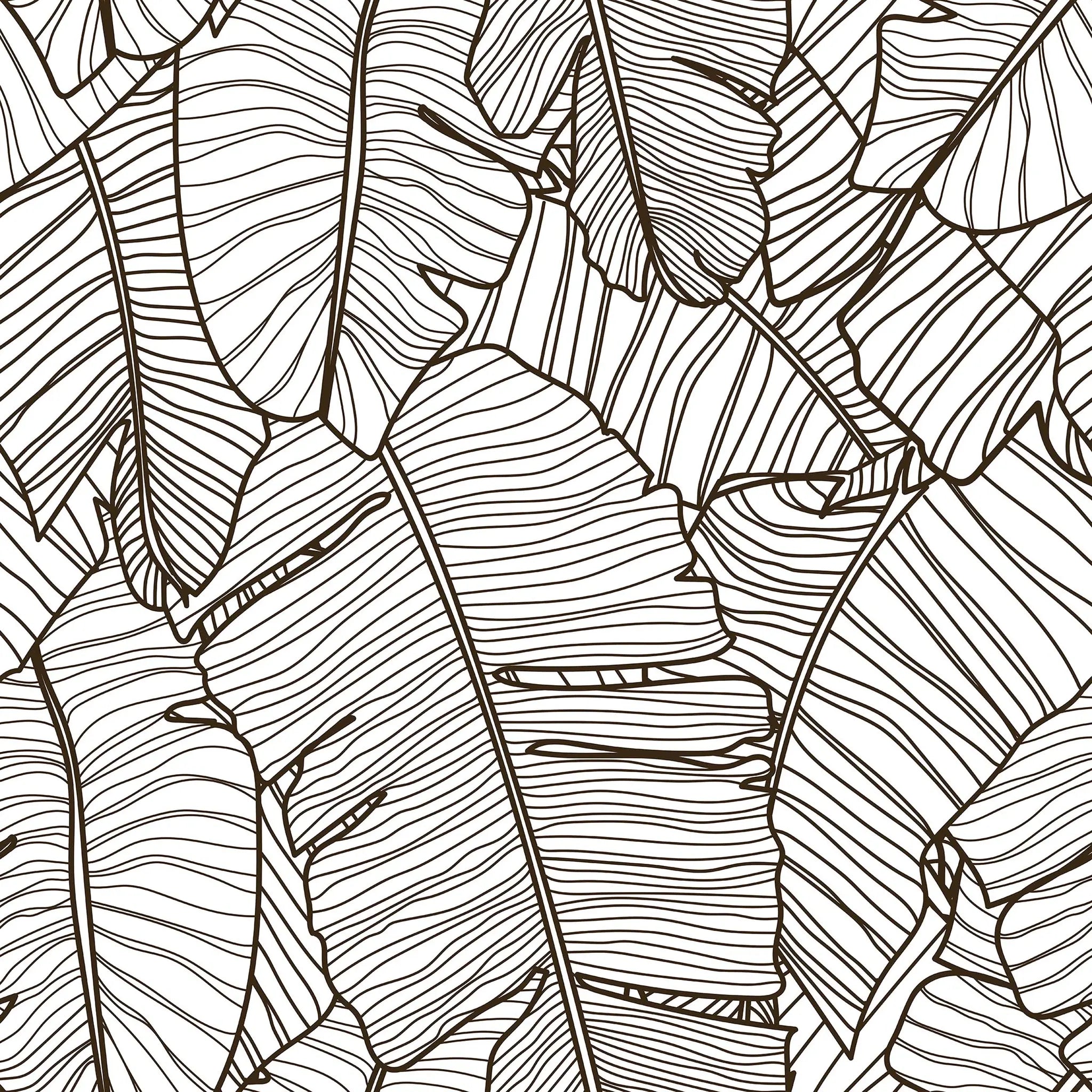 Black and white line art pattern of tropical leaves