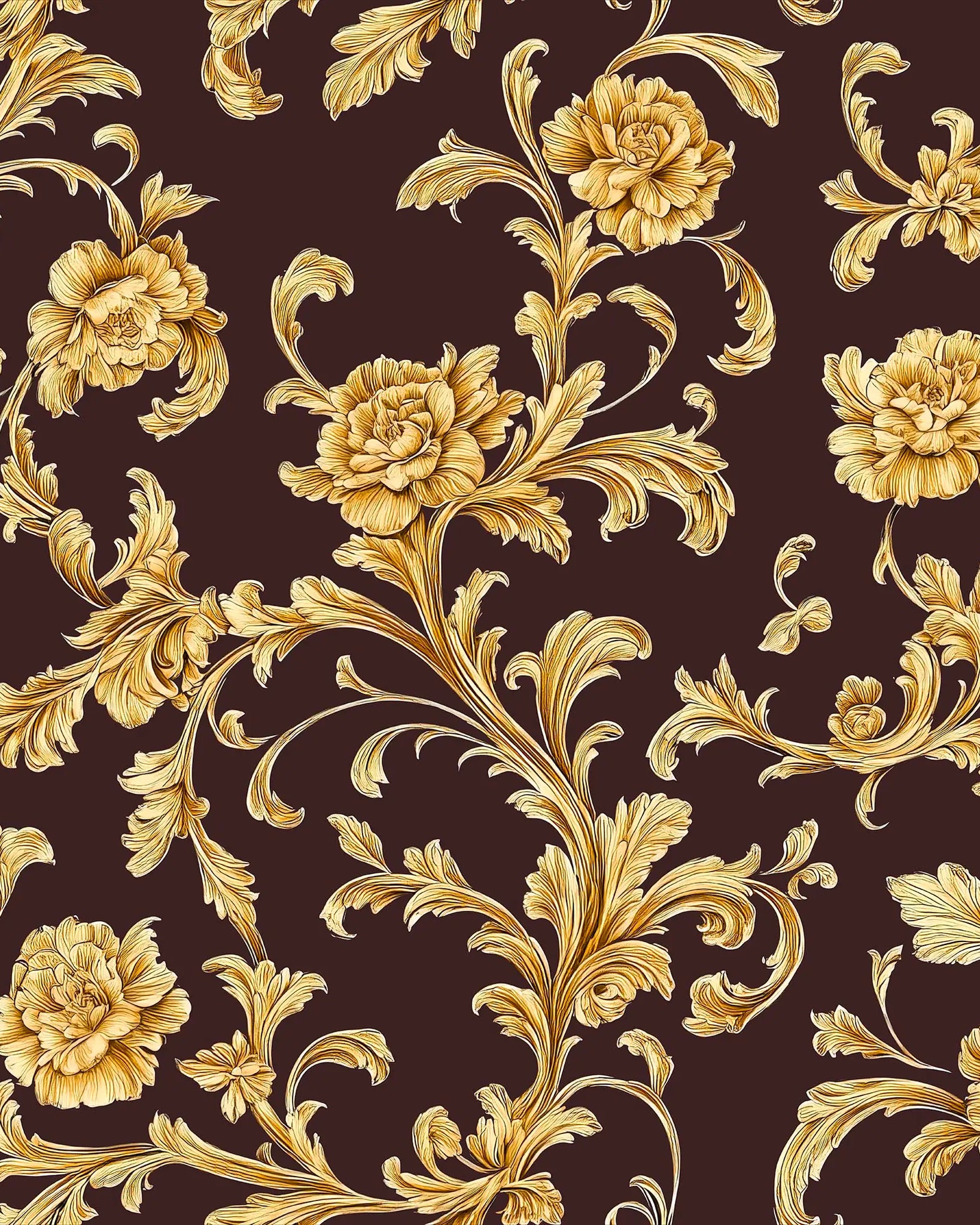 Gold floral and leaf pattern on a brown background