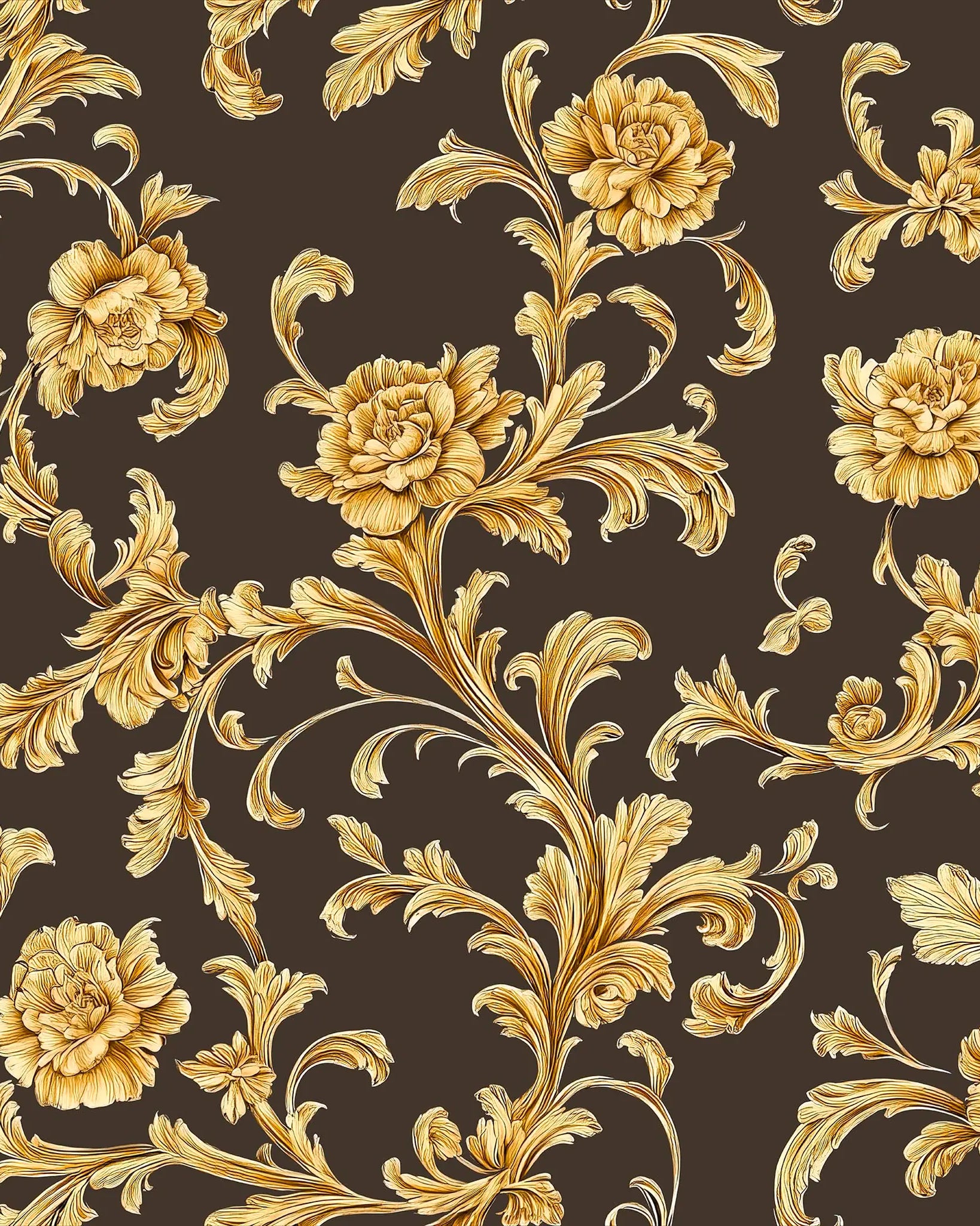 Gold floral and leaf pattern on a brown background