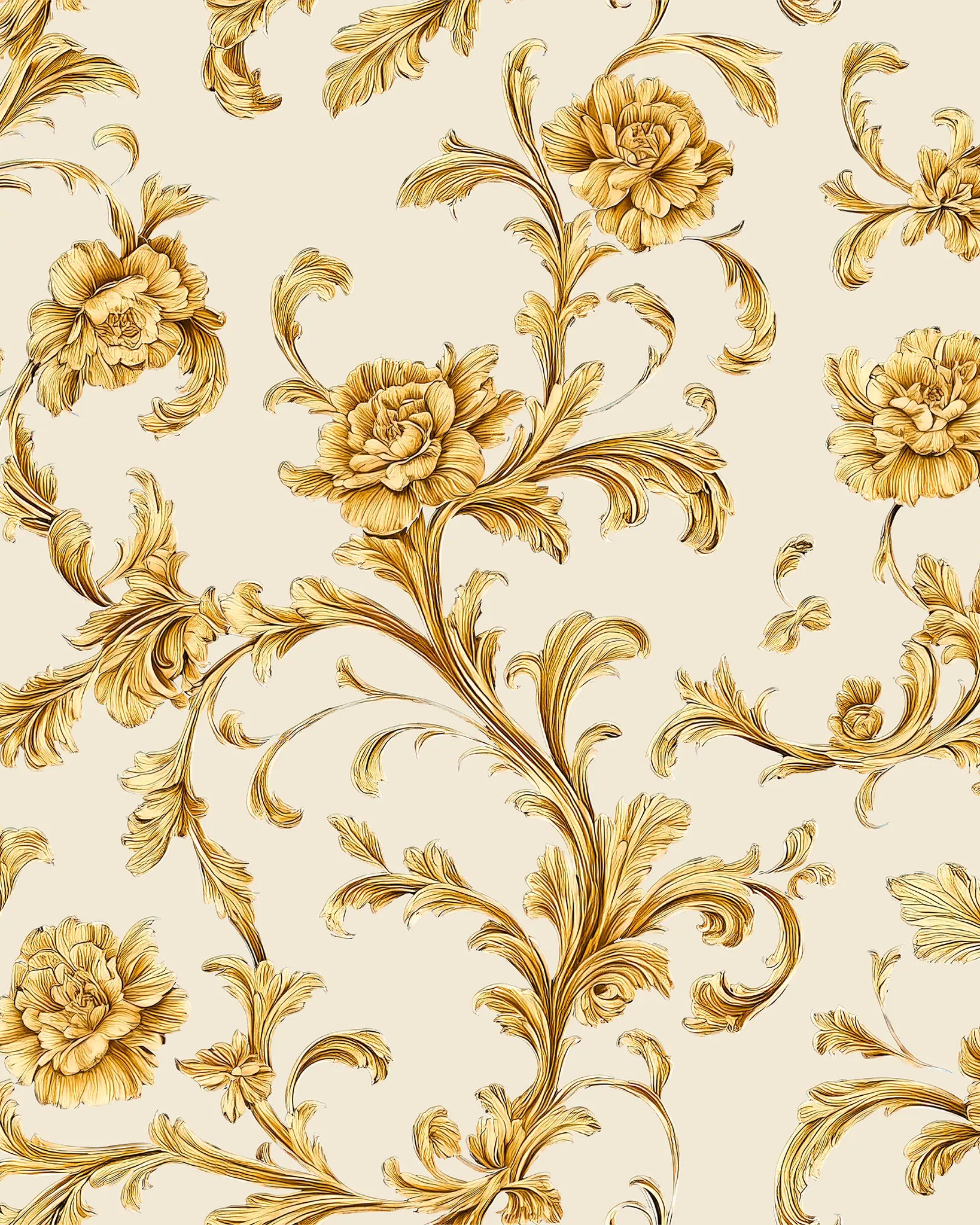 Gold floral and leaf pattern on a beige background