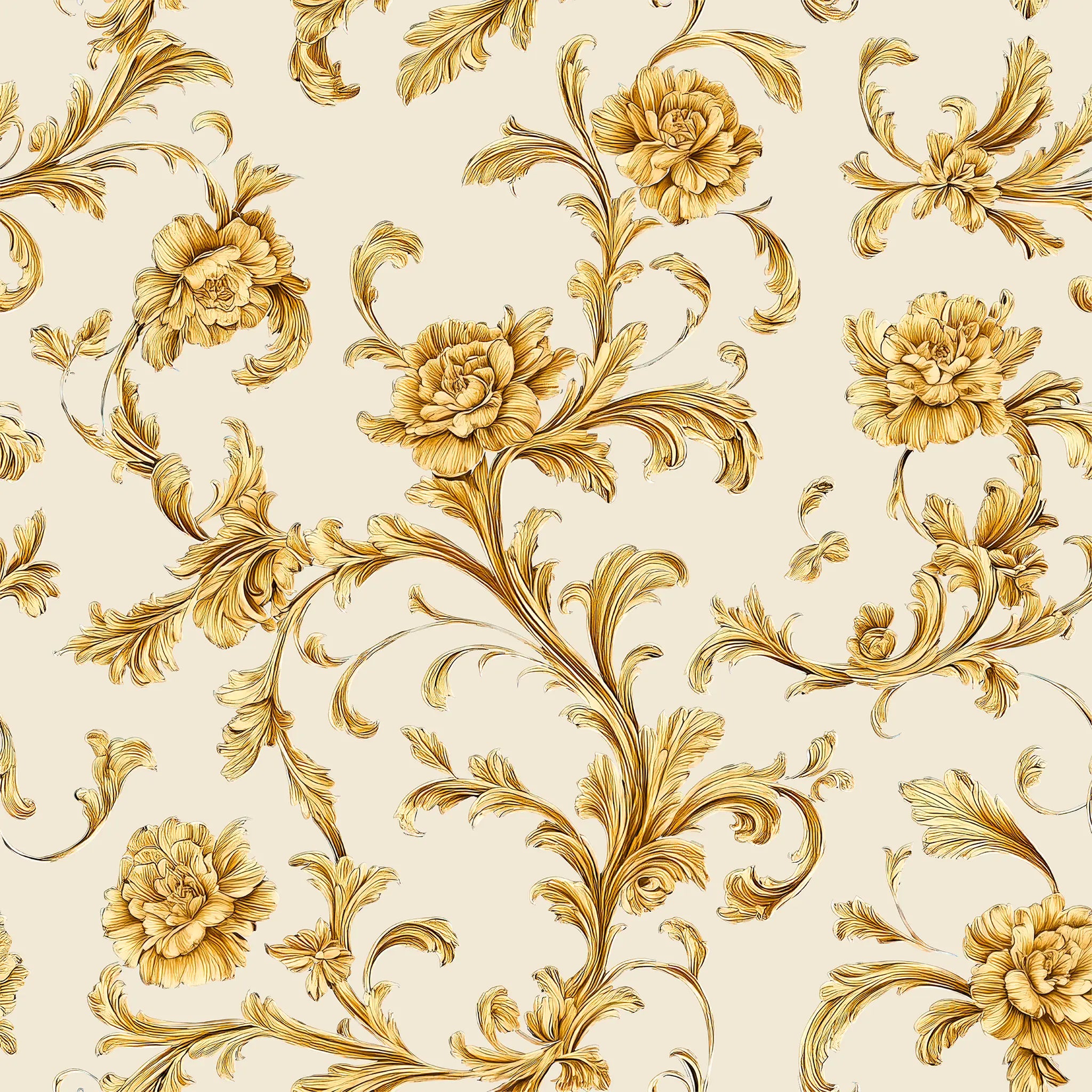 Gold floral and leaf pattern on a beige background