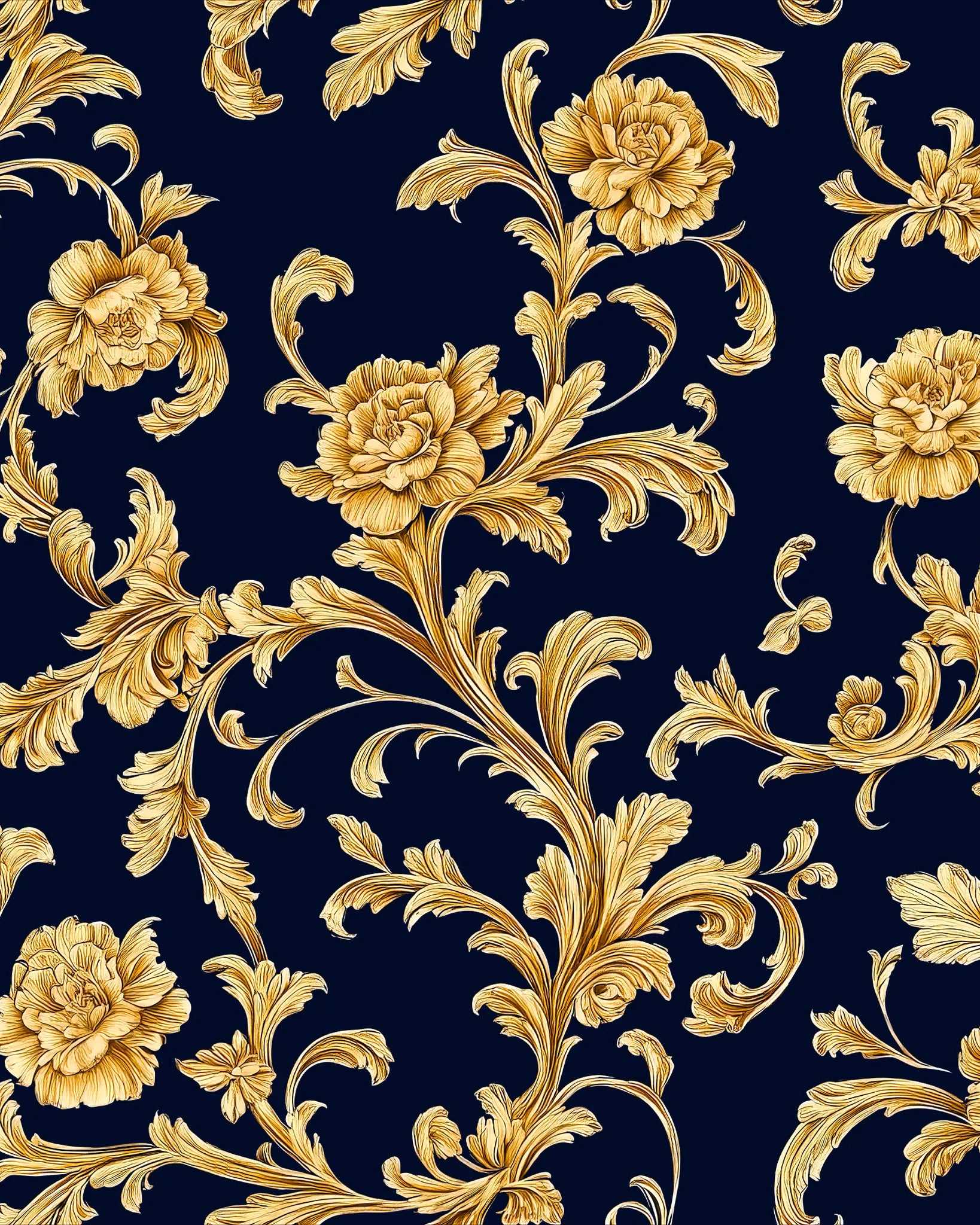 Gold floral and leaf pattern on a dark blue background
