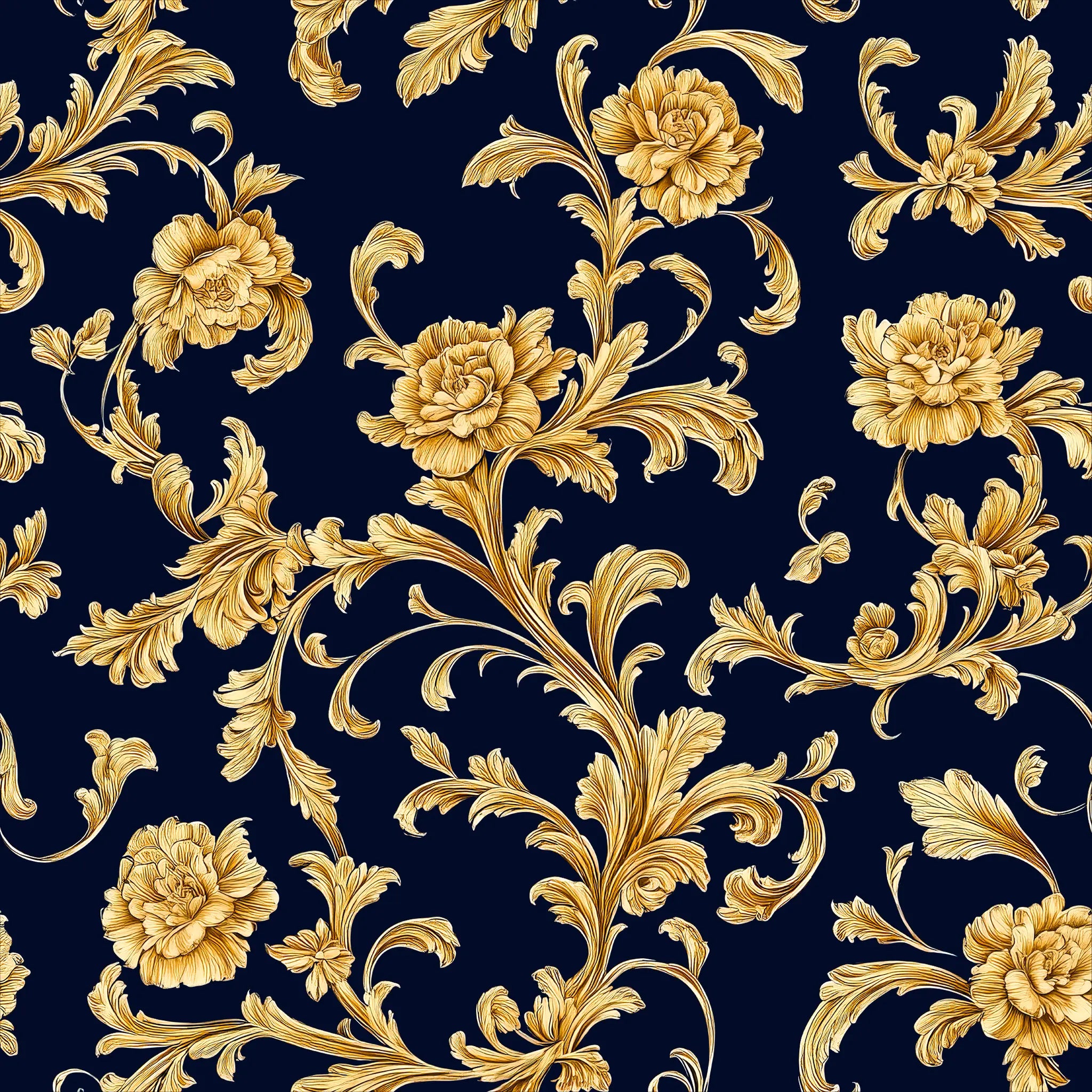 Gold floral and leaf pattern on a dark blue background