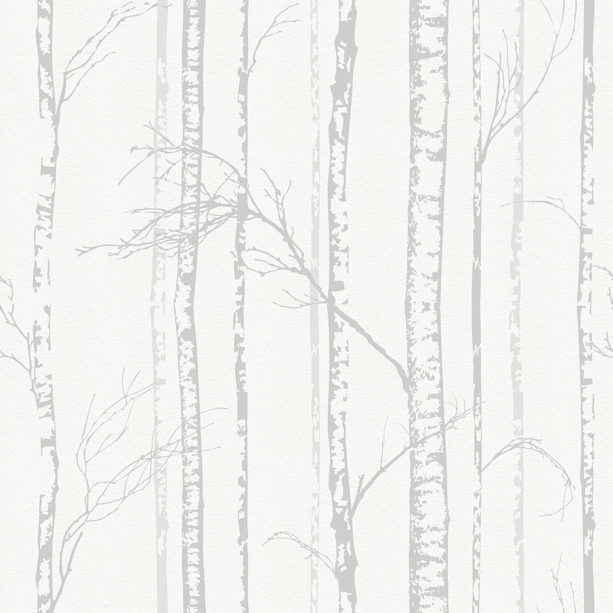 Pattern of light gray birch trees on a white background