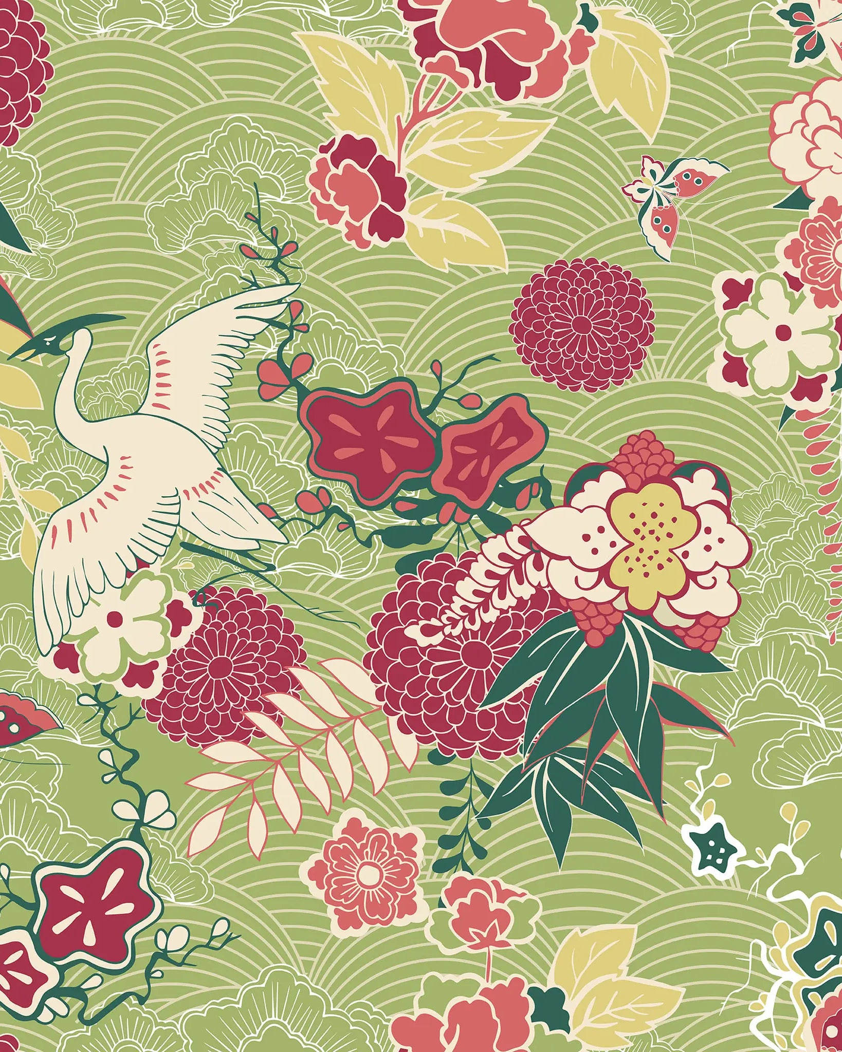 Floral and bird pattern on a green background