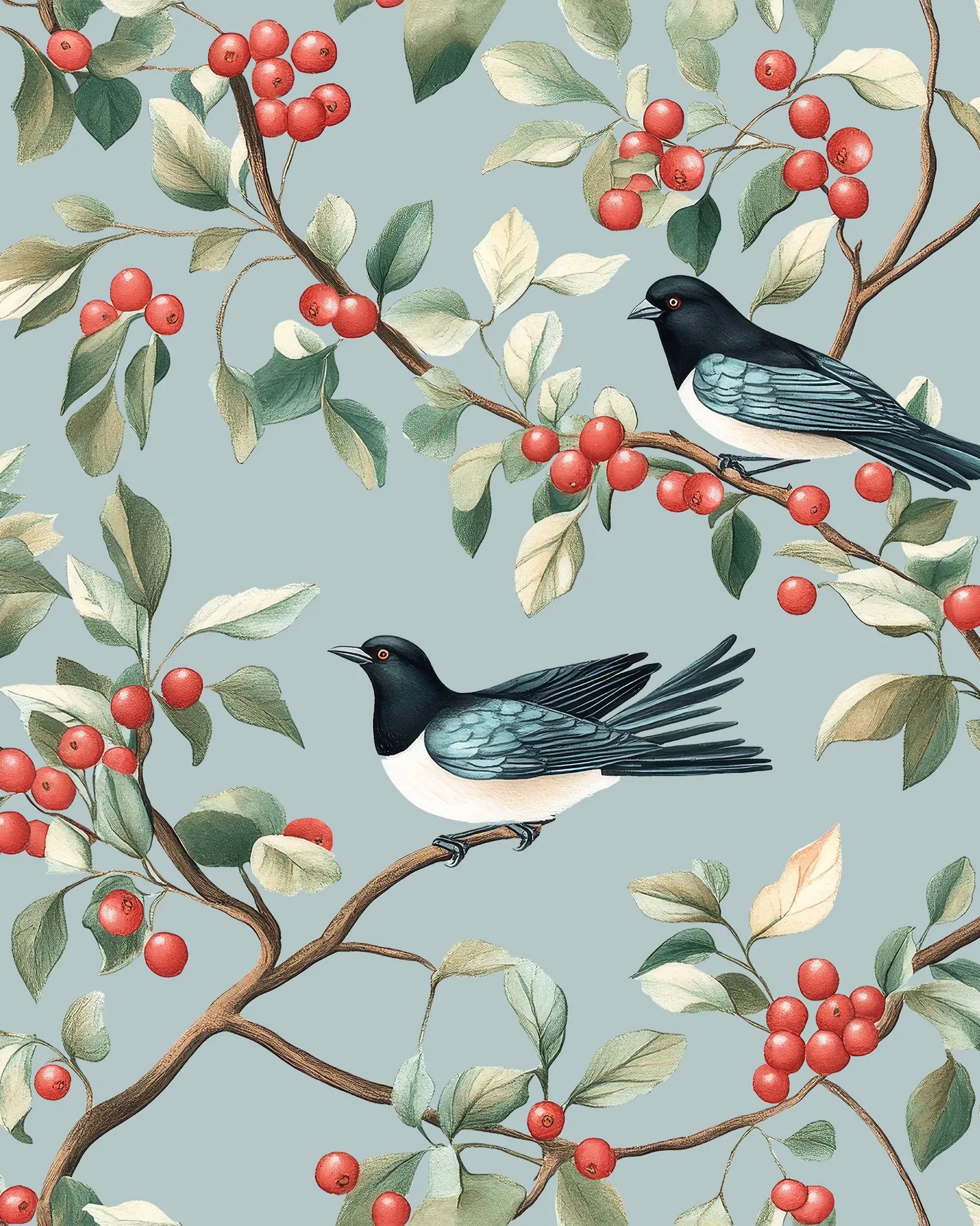 Pattern of birds and berries on a light blue background