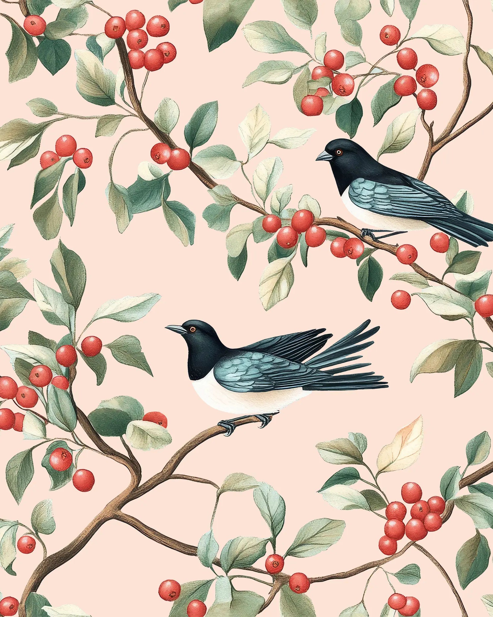 Pattern of birds and berries on a pink background
