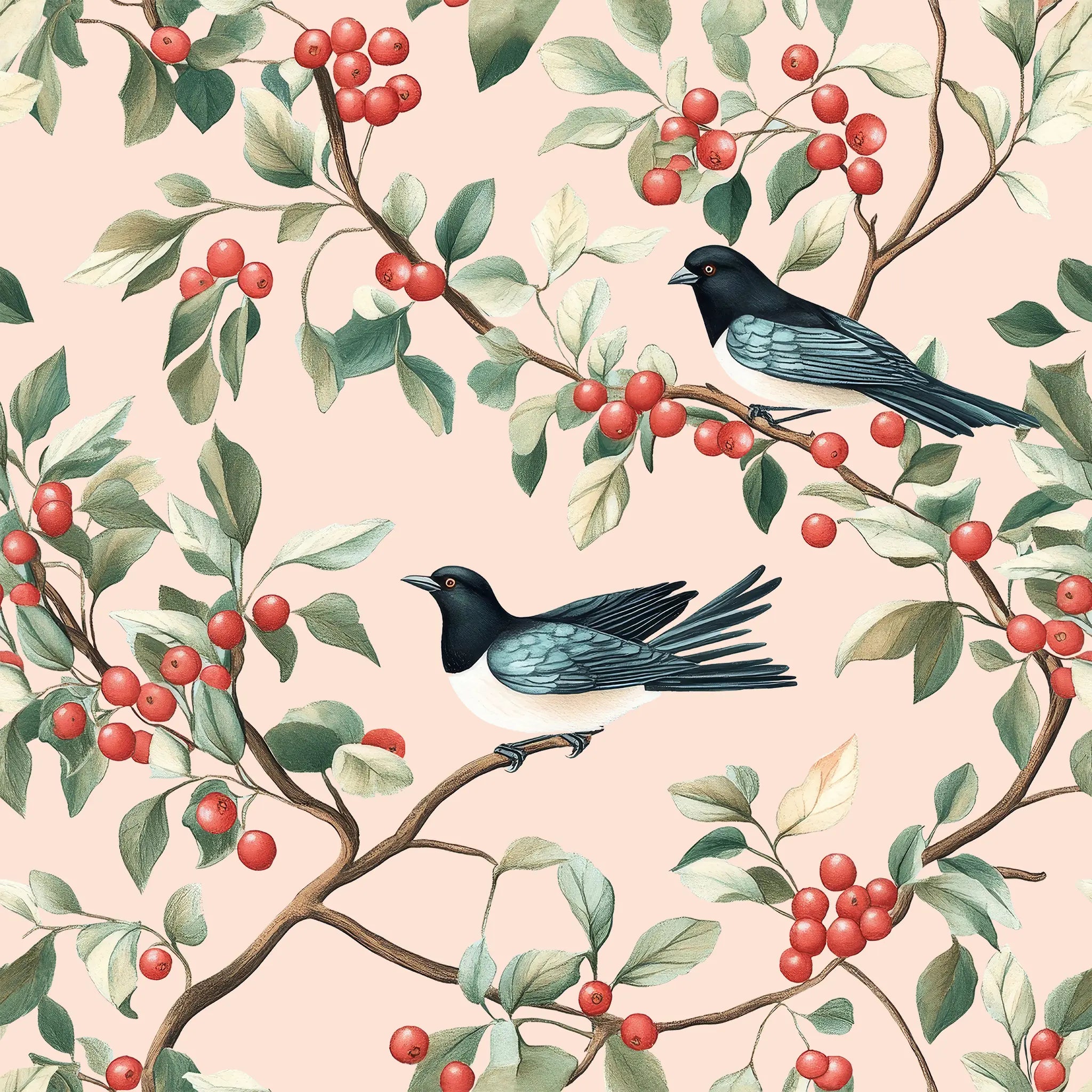Pattern of birds and berries on a pink background