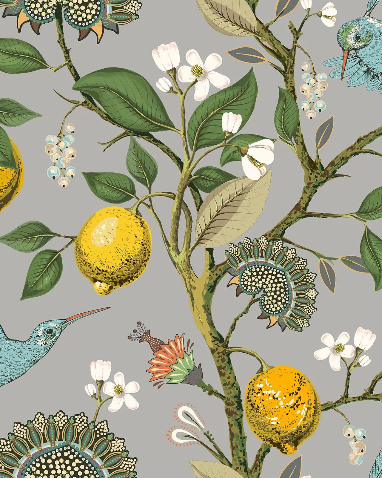 Pattern of birds, flowers, and leaves on a gray background