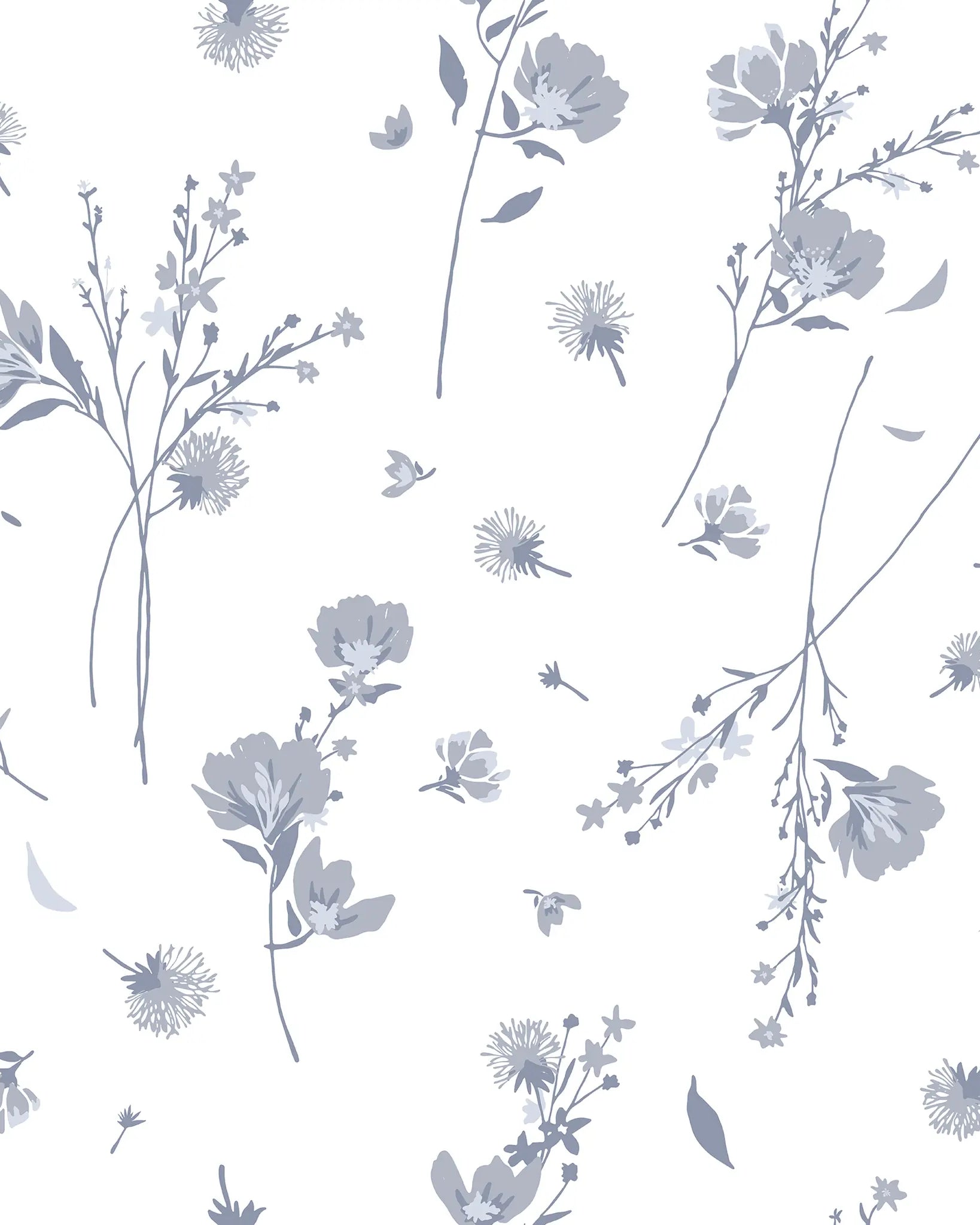 Floral pattern with blue flowers and leaves on a white background