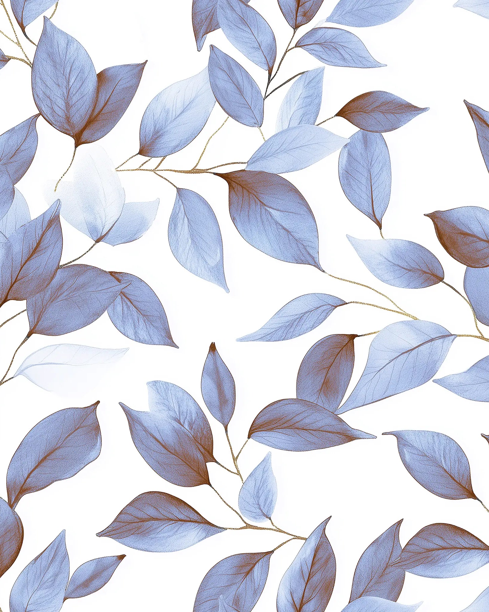 Pattern of blue leaves on a white background