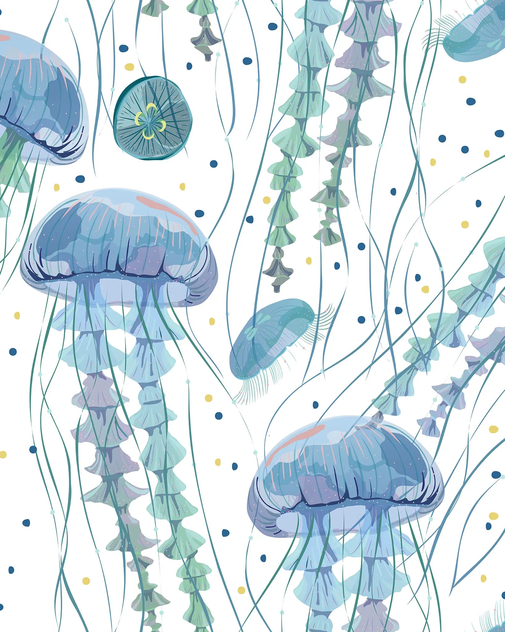 Pattern of blue jellyfish on a white background with small colorful dots.