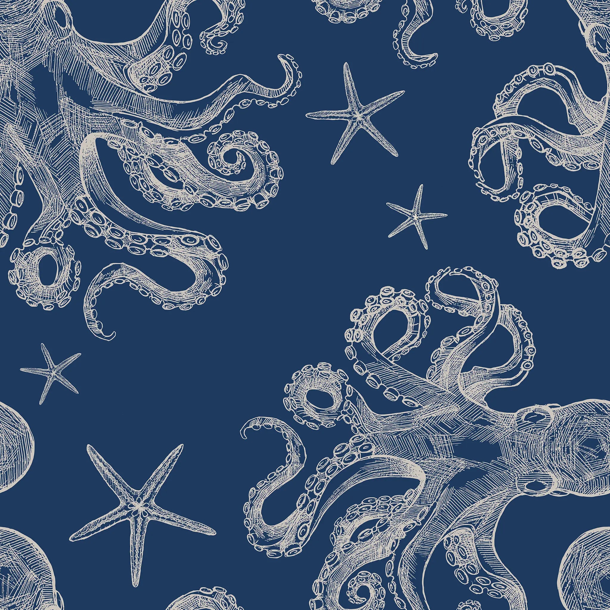 Pattern of white octopuses and starfish on a blue background