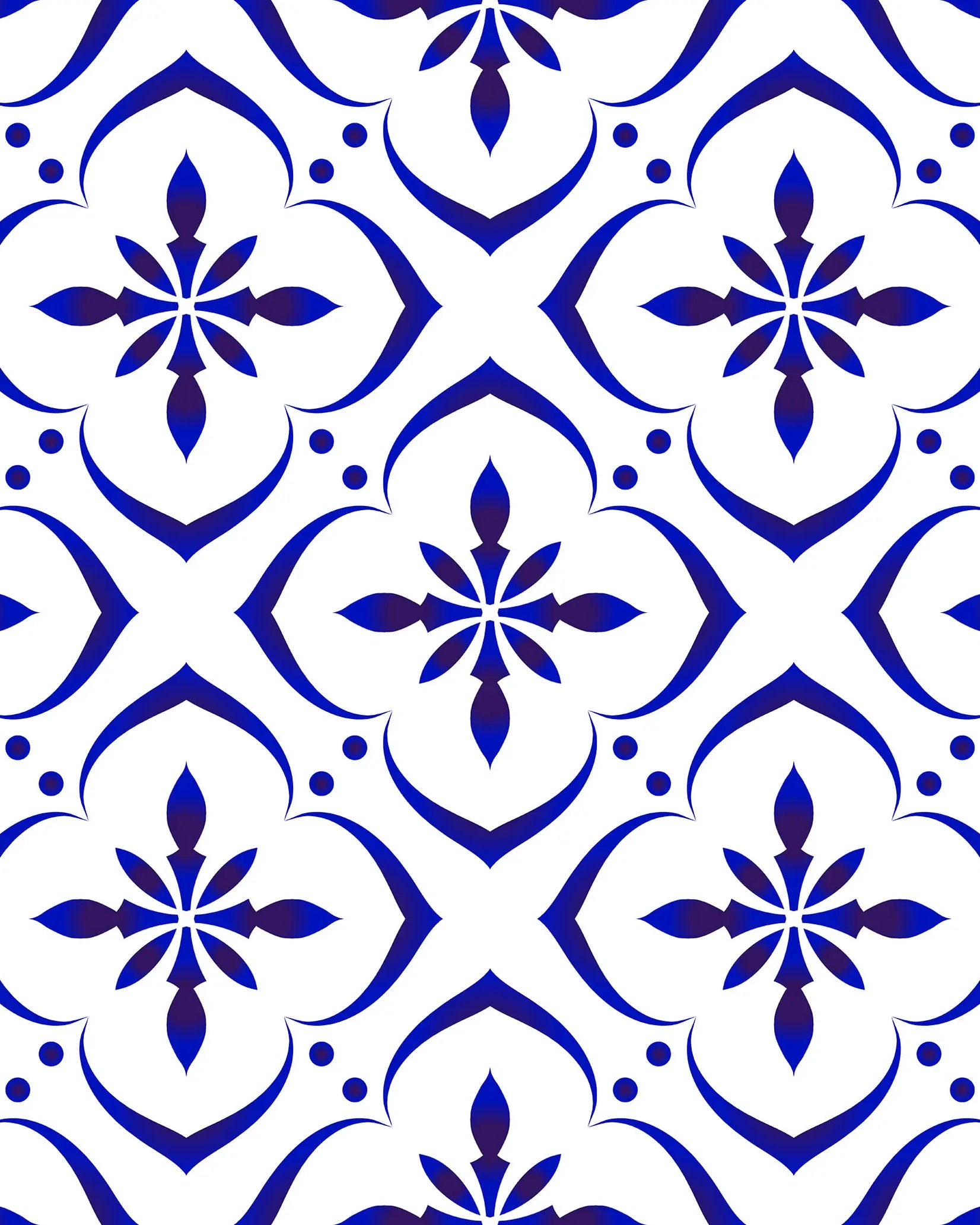 Pattern of blue and white tiles with star-like shapes on a white background