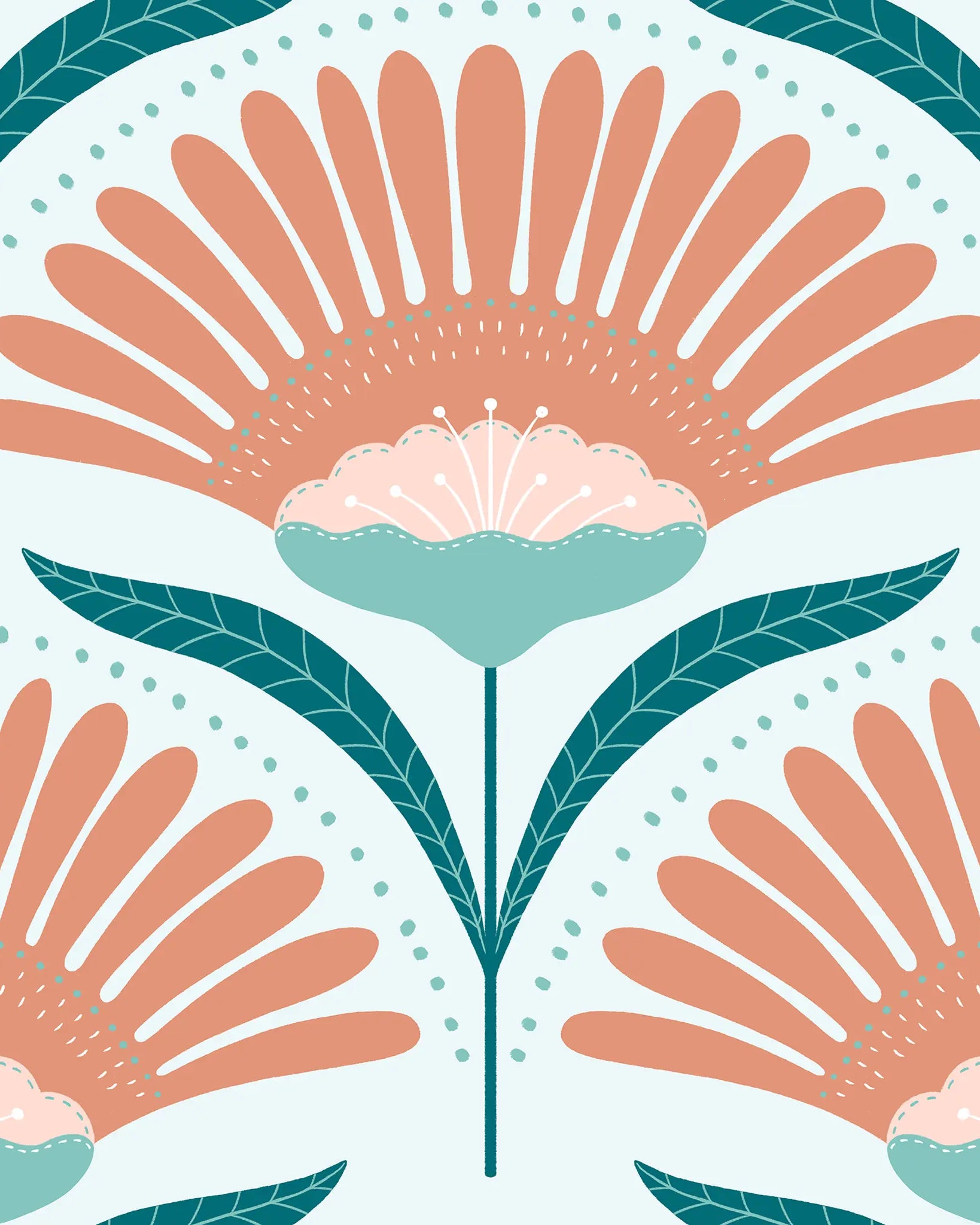 Pattern of stylized flowers with peach petals and green leaves on a light blue background.