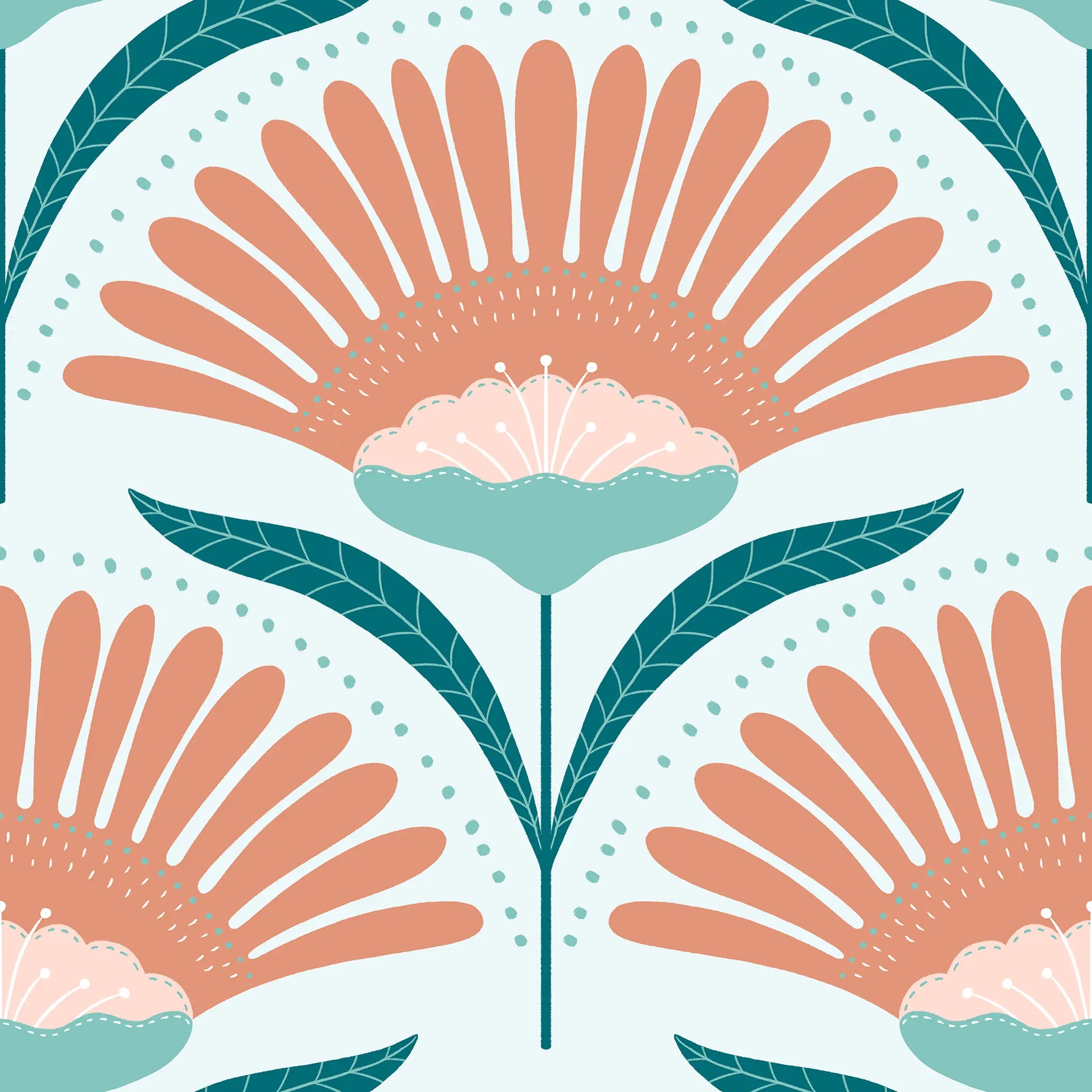Pattern of stylized flowers with peach petals and green leaves on a light blue background.