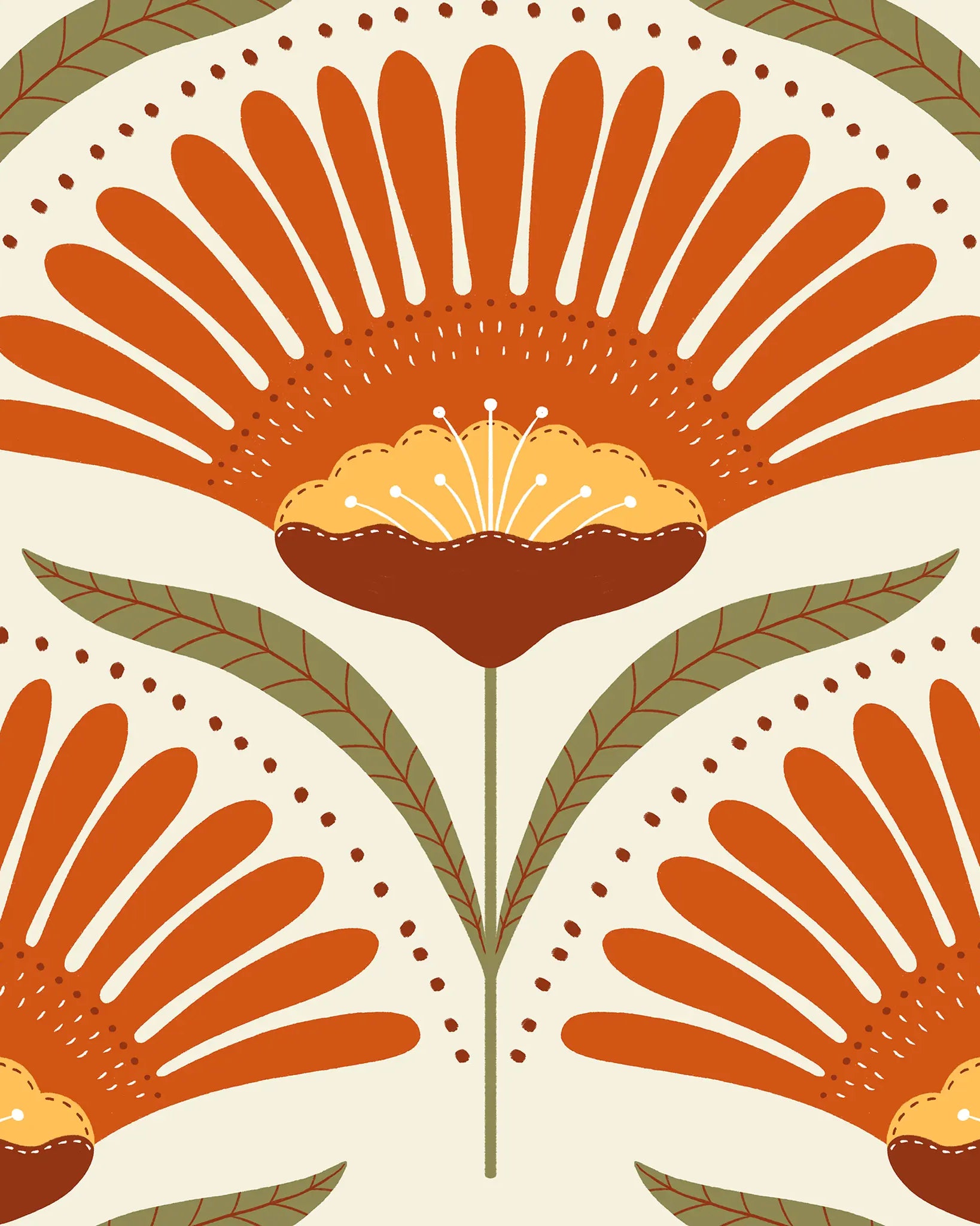 Decorative pattern with orange flowers and green leaves on a beige background