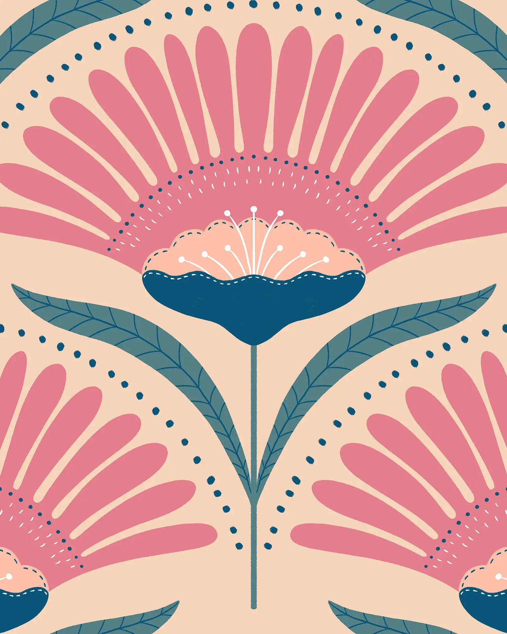 Decorative pattern with pink floral shapes and blue accents on a beige background