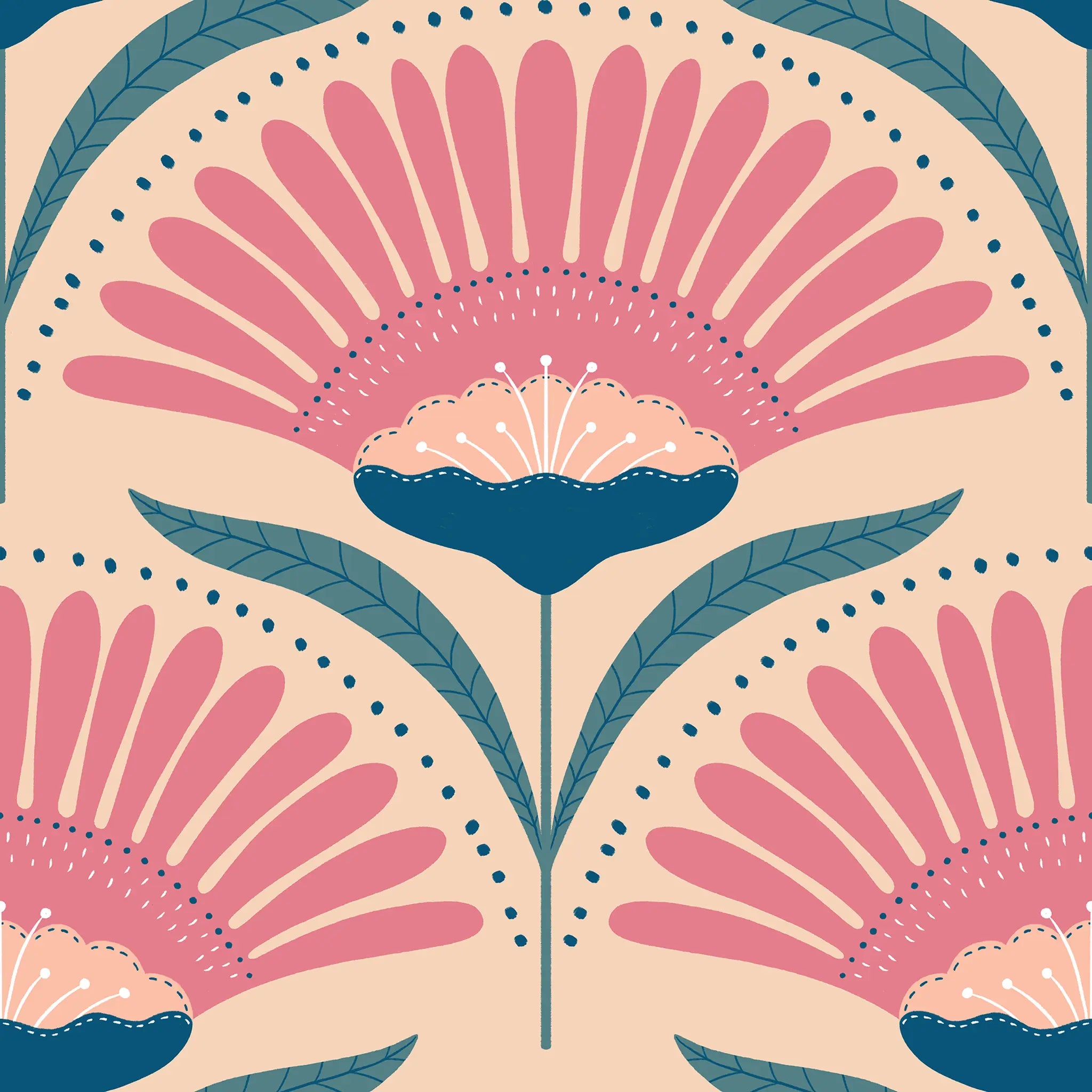 Decorative pattern with pink floral shapes and blue accents on a beige background
