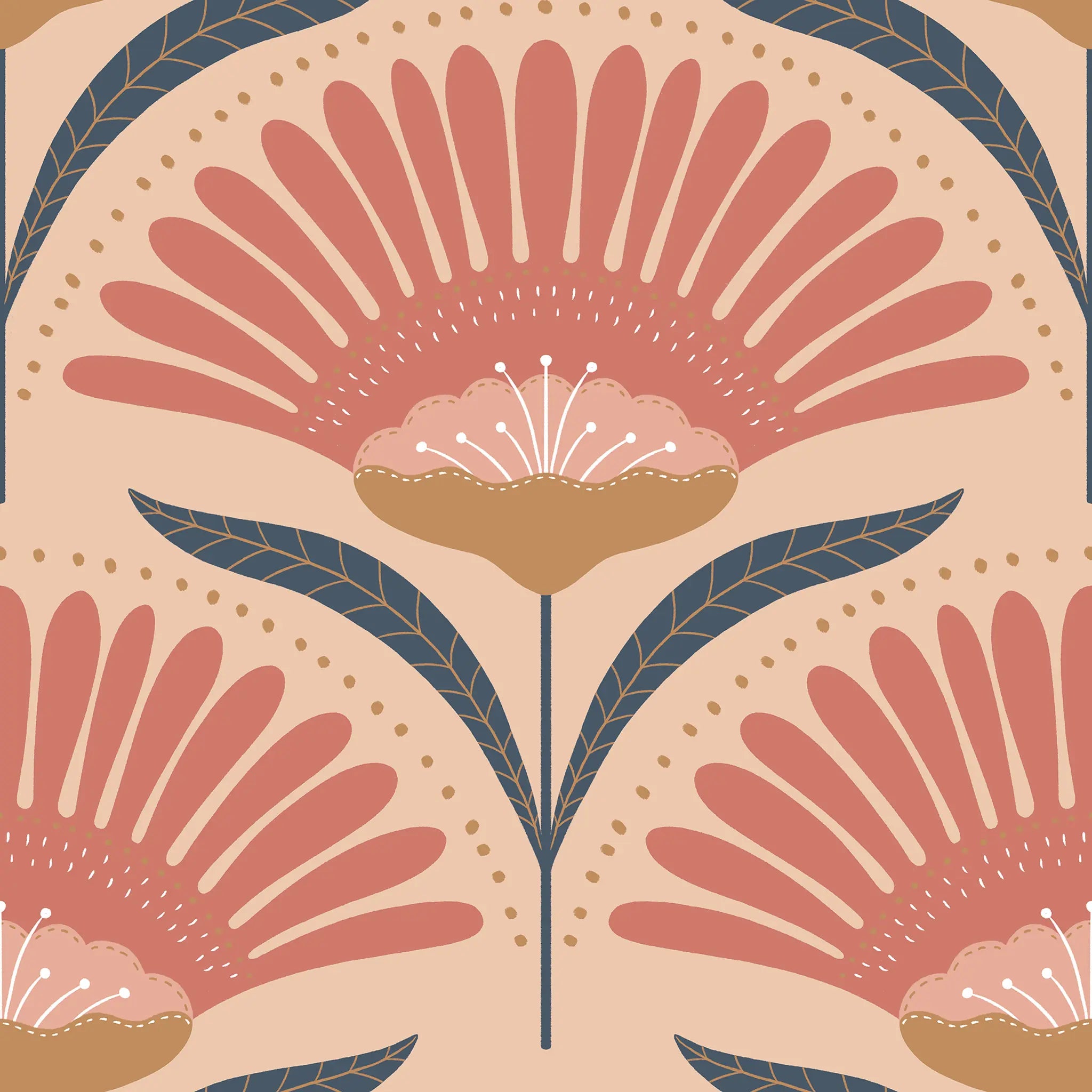Decorative floral pattern with pink flowers and blue leaves on a beige background