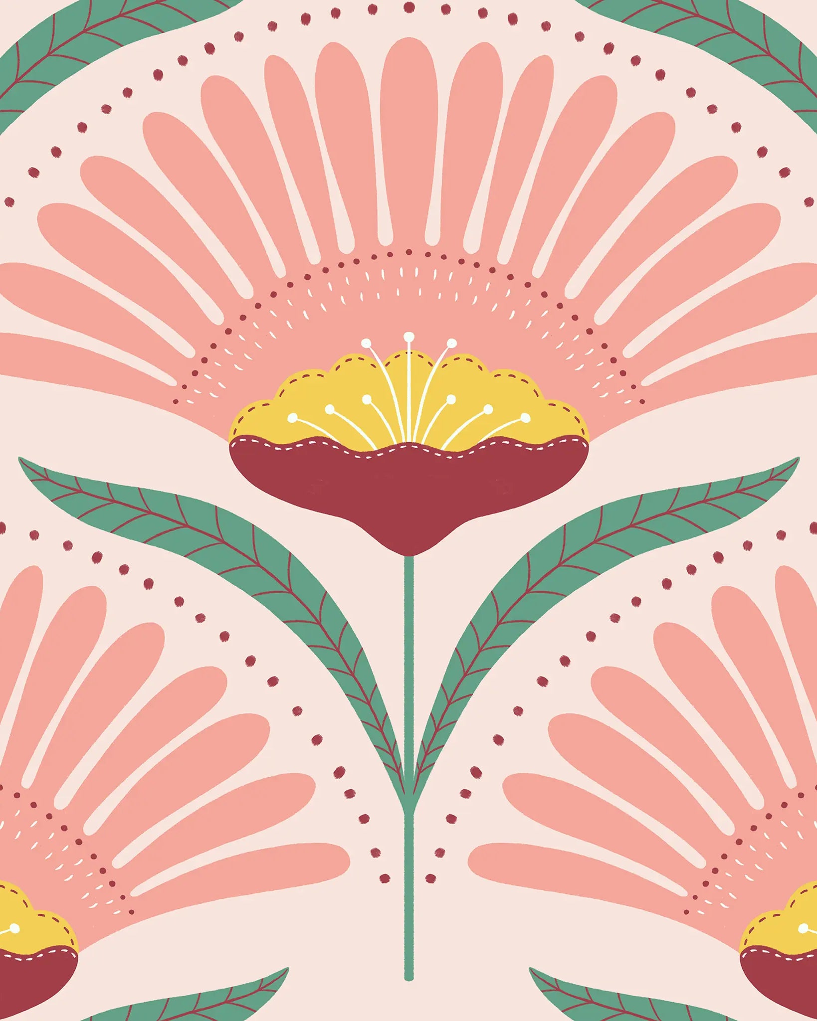 Decorative floral pattern with pink and red flowers on a beige background