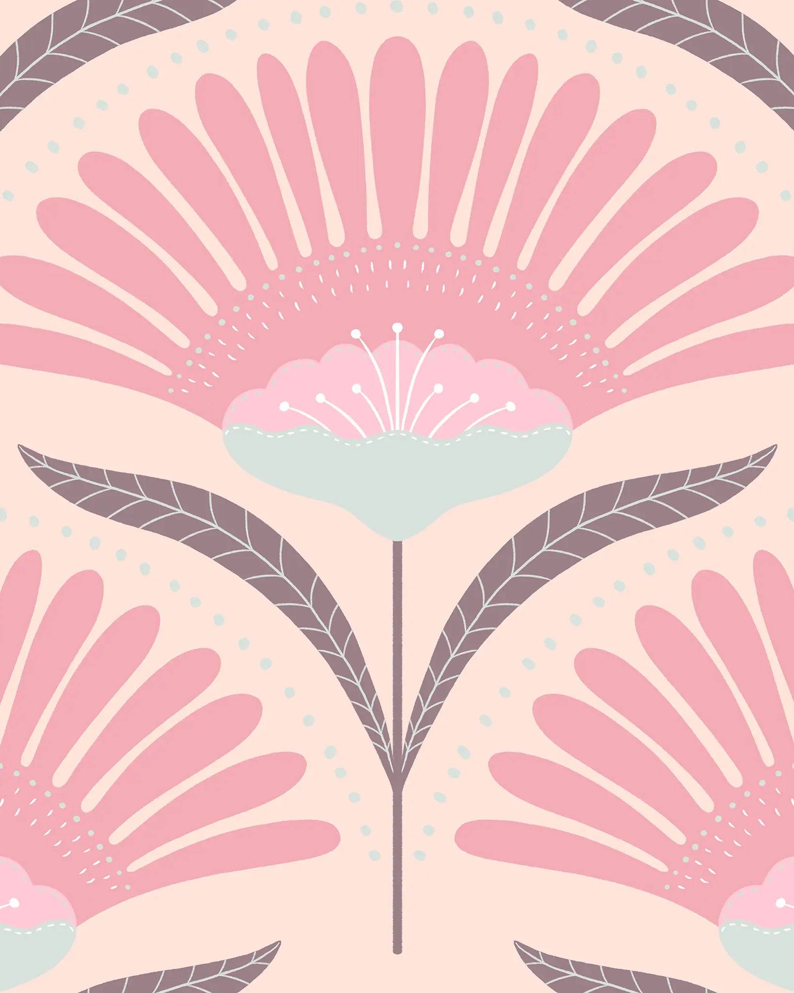 Decorative pattern with pink and purple floral elements on a light pink background